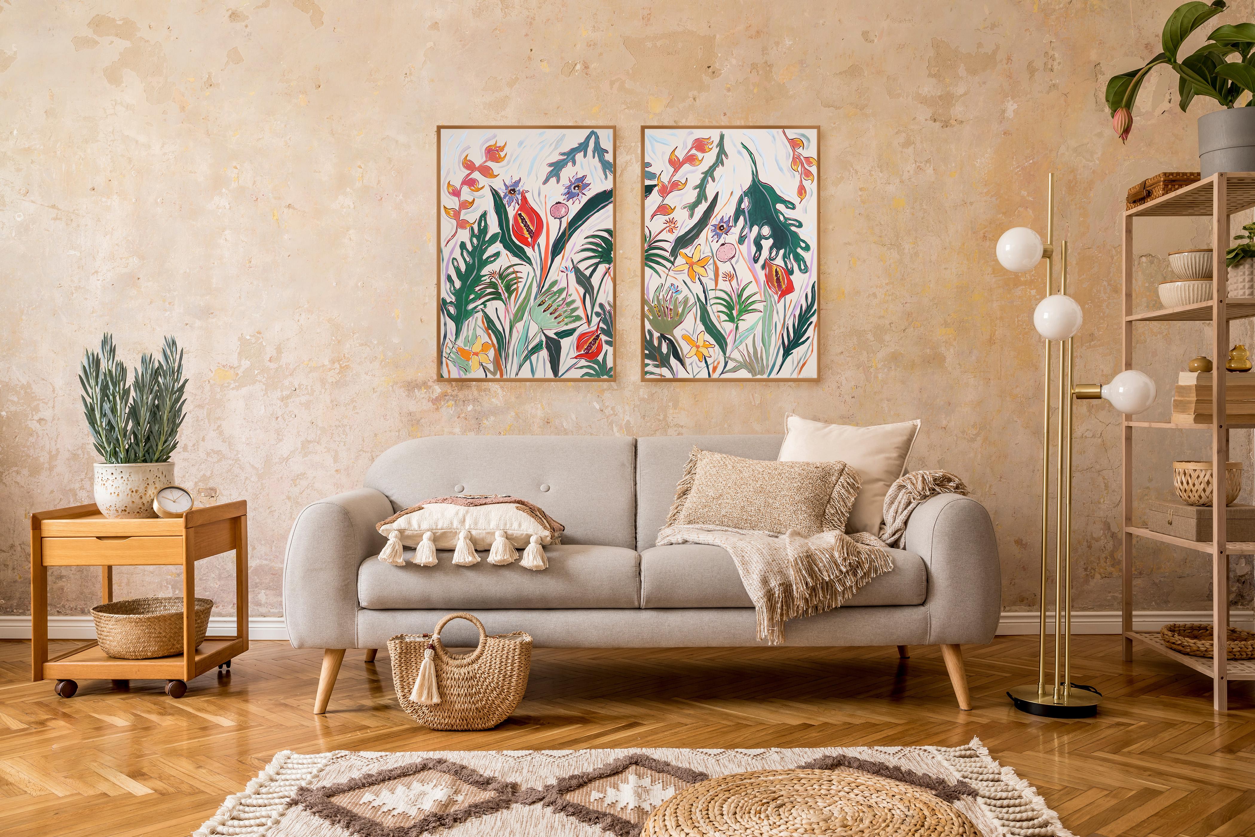 Tropical Flowers Garden, Illustration Style Diptych, Flamingo Plant Red Laceleaf 1