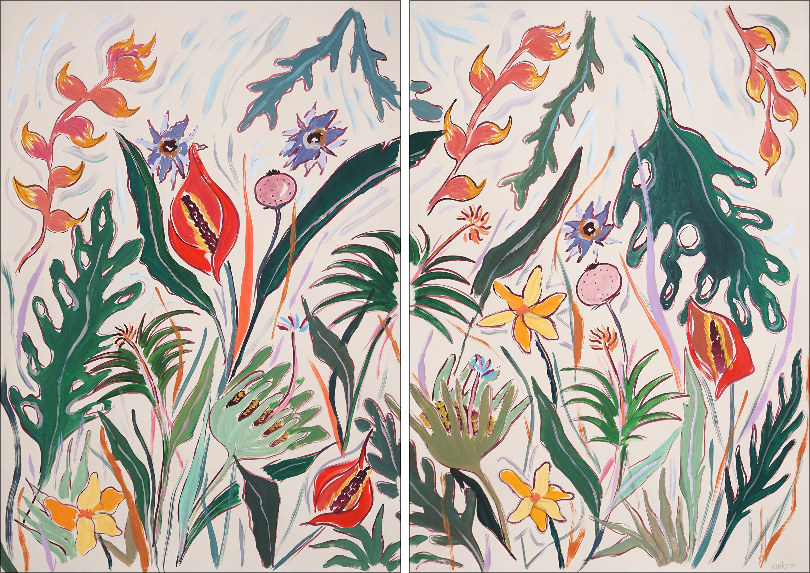 Romina Milano Still-Life Painting - Tropical Flowers Garden, Illustration Style Diptych, Flamingo Plant Red Laceleaf