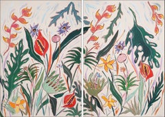 Tropischer Blumengarten, Diptychon im Illustrationsstil, Flamingo-Pflanzgefäßrotes blatt