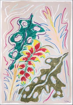 Tropical Foliage, Illustration Style Painting, Faux Naive Still Life, Gouache