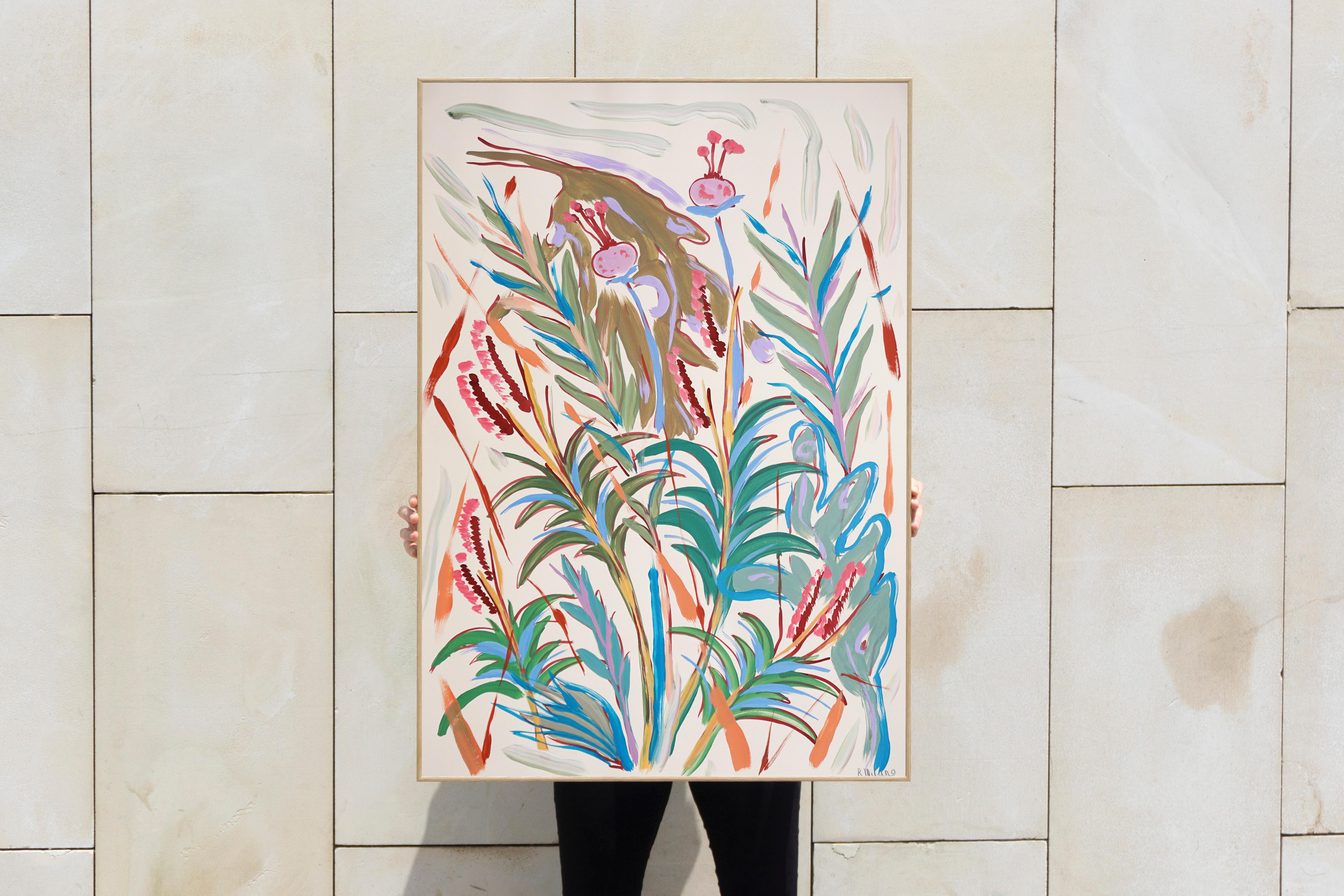 Tropical Garden, Expressionist Green Plants, Jurassic, Botanical Painting, Paper - Beige Still-Life Painting by Romina Milano
