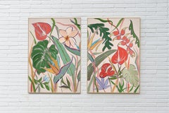 Tropical Garden, Large Diptych, Illustration Style of Exotic Flowers and Leaves