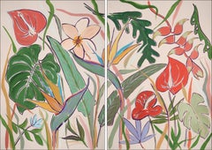 Tropical Garden, Large Diptych, Illustration Style of Exotic Flowers and Leaves