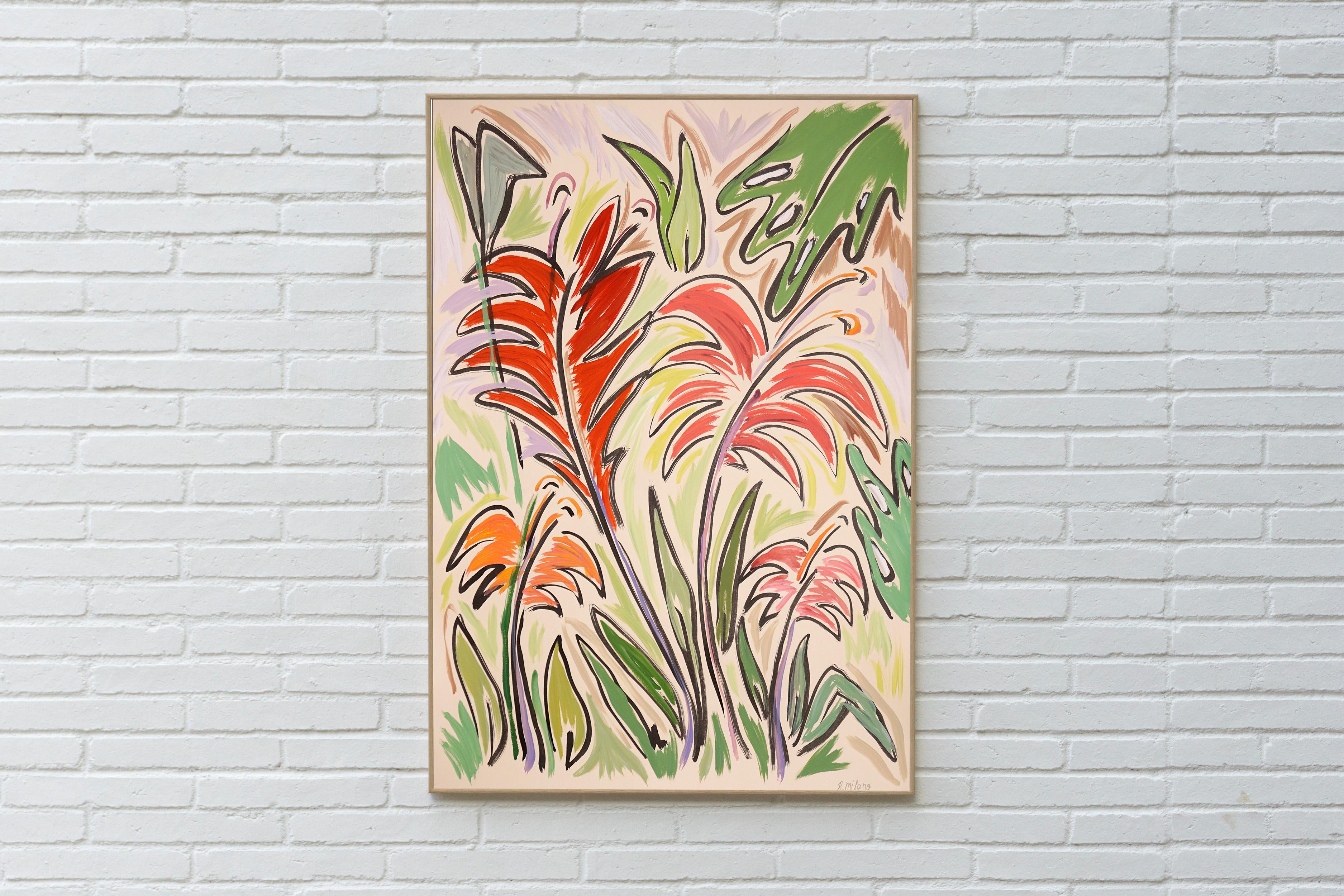 Tropical Garden, Red and Pink Flowers, Green Leaves, Jungle Inspiration Plants - Painting by Romina Milano