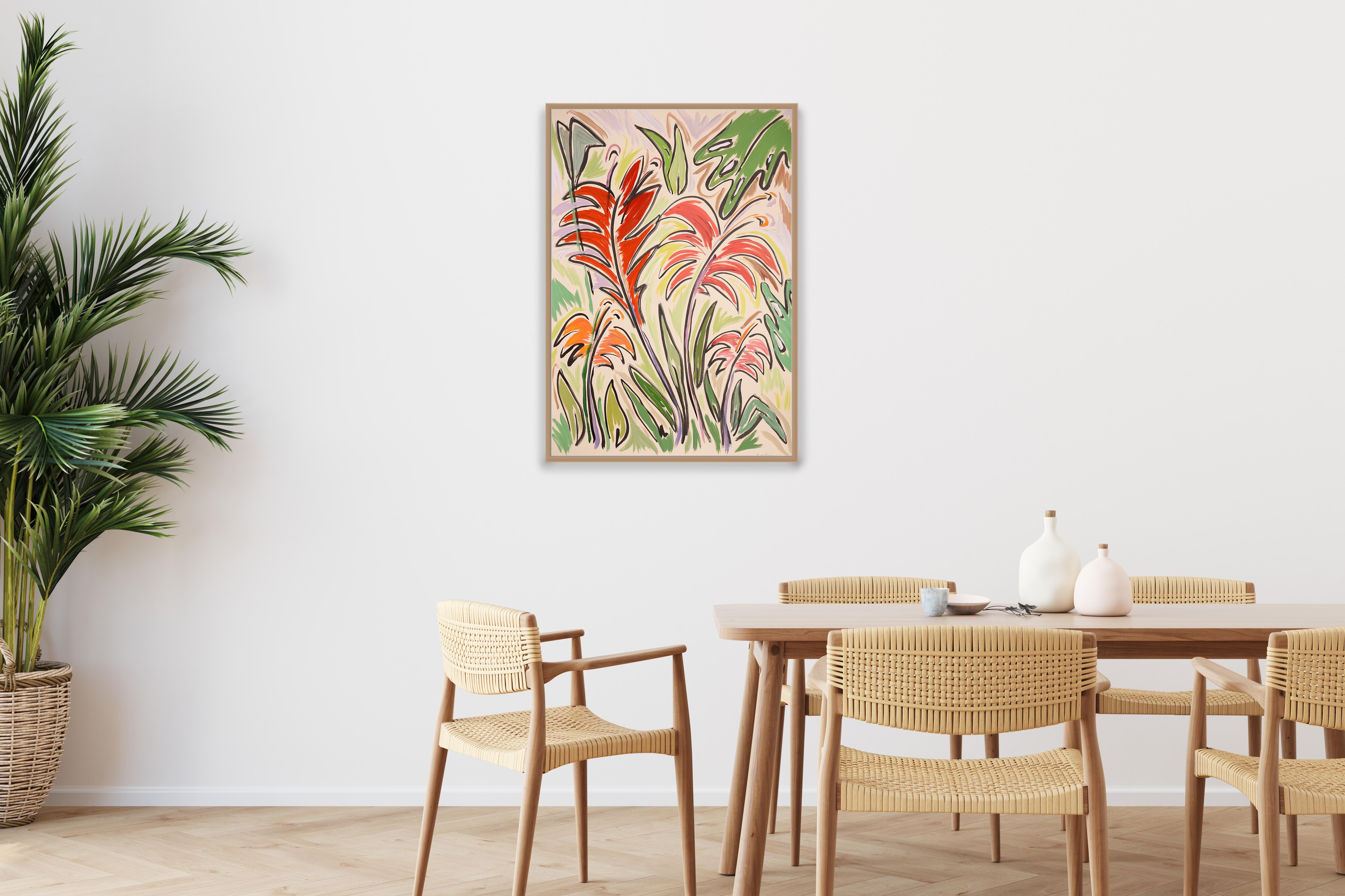 Tropical Garden, Red and Pink Flowers, Green Leaves, Jungle Inspiration Plants - Modern Painting by Romina Milano
