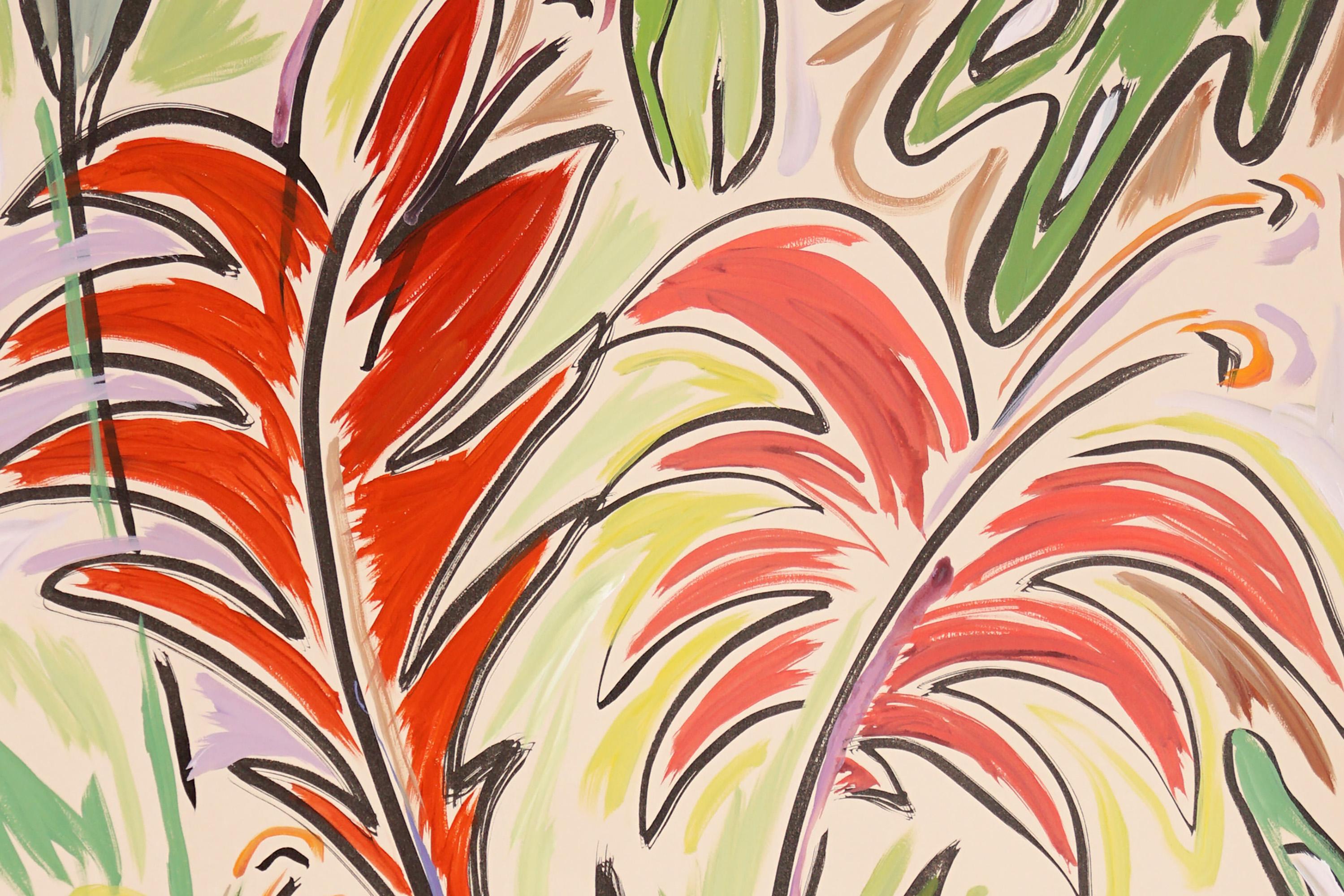 Tropical Garden, Red and Pink Flowers, Green Leaves, Jungle Inspiration Plants - Beige Abstract Painting by Romina Milano