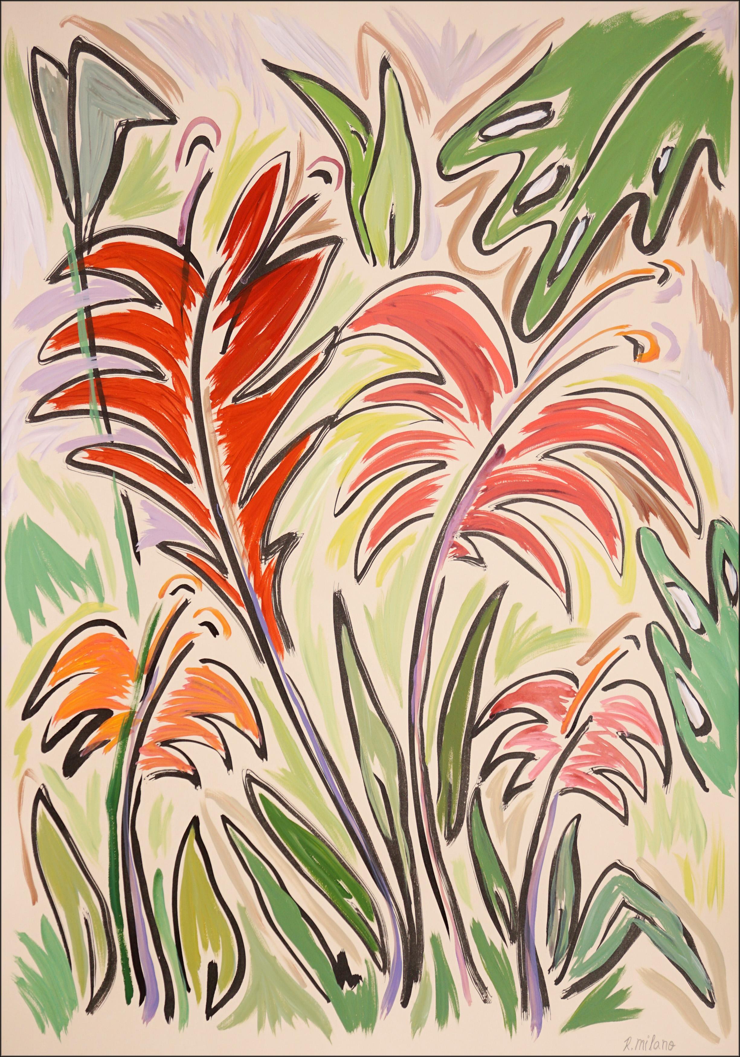 Romina Milano Abstract Painting - Tropical Garden, Red and Pink Flowers, Green Leaves, Jungle Inspiration Plants