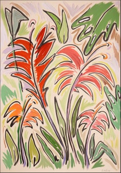 Jardín tropical, flores rojas y rosas, hojas verdes, plantas de inspiración selvática