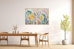 Jardín tropical de hibiscos, díptico botánico, estilo ilustrativo sobre papel