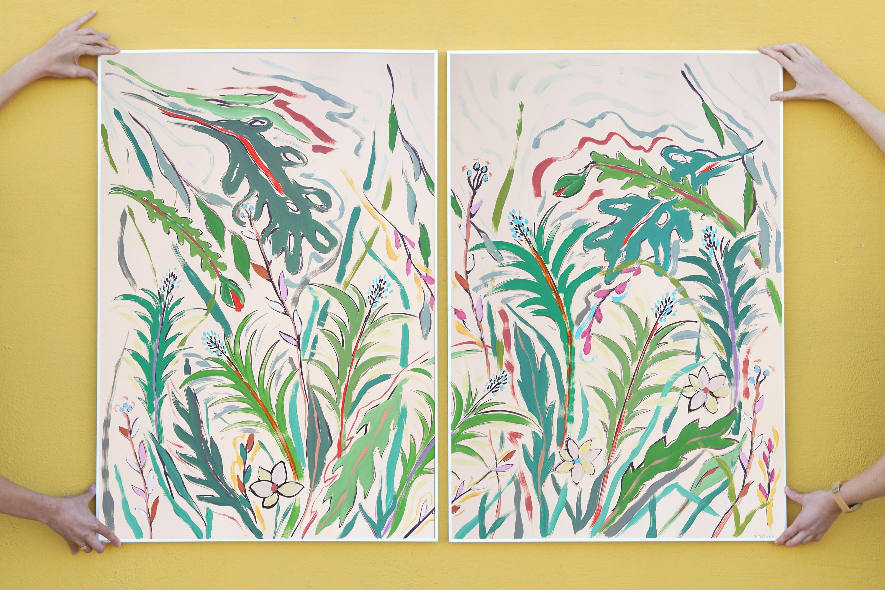 Díptico Tropical Pequeñas Palmeras, Ilustración Expresionista Flores y Hojas Verdes - Art de Romina Milano