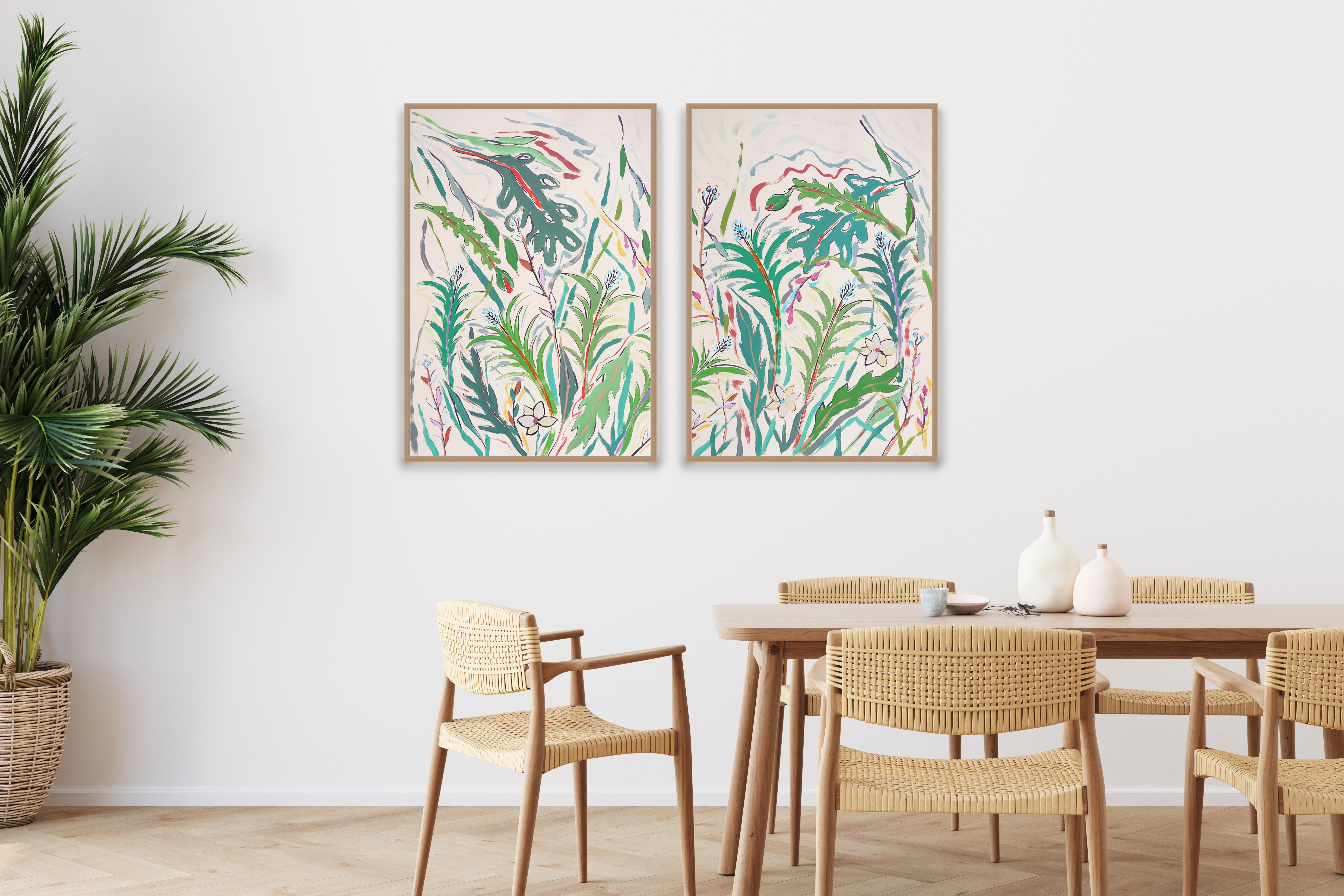 Díptico Tropical Pequeñas Palmeras, Ilustración Expresionista Flores y Hojas Verdes - Art moderno estadounidense de Romina Milano