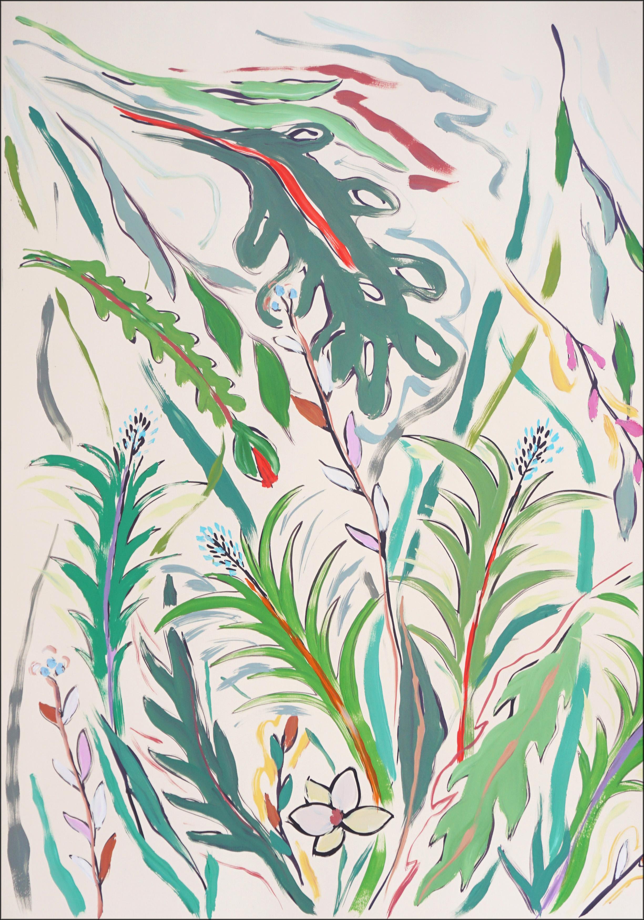 Díptico Tropical Pequeñas Palmeras, Ilustración Expresionista Flores y Hojas Verdes - Still-Life Beige de Romina Milano