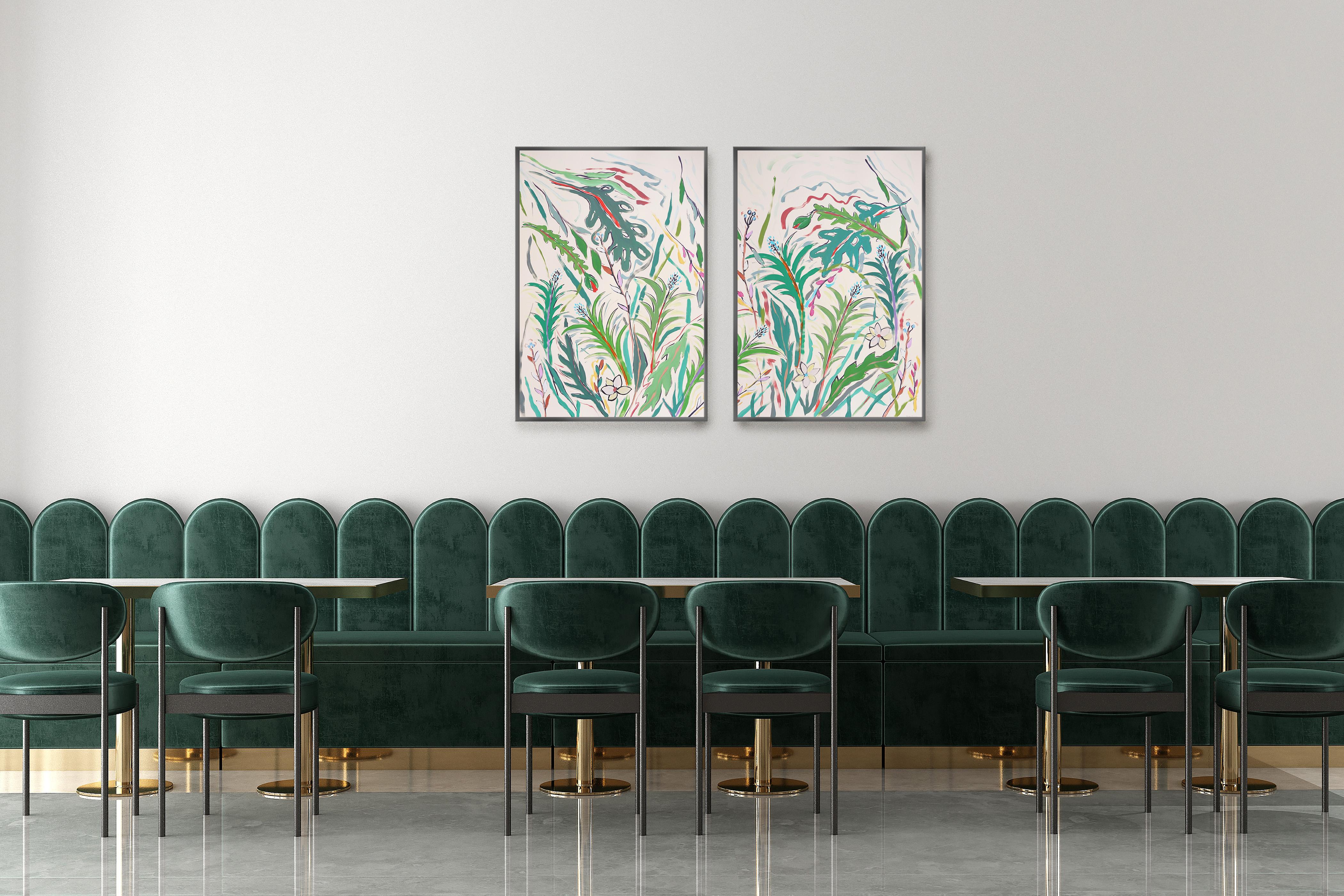 Díptico Tropical Pequeñas Palmeras, Ilustración Expresionista Flores y Hojas Verdes 1