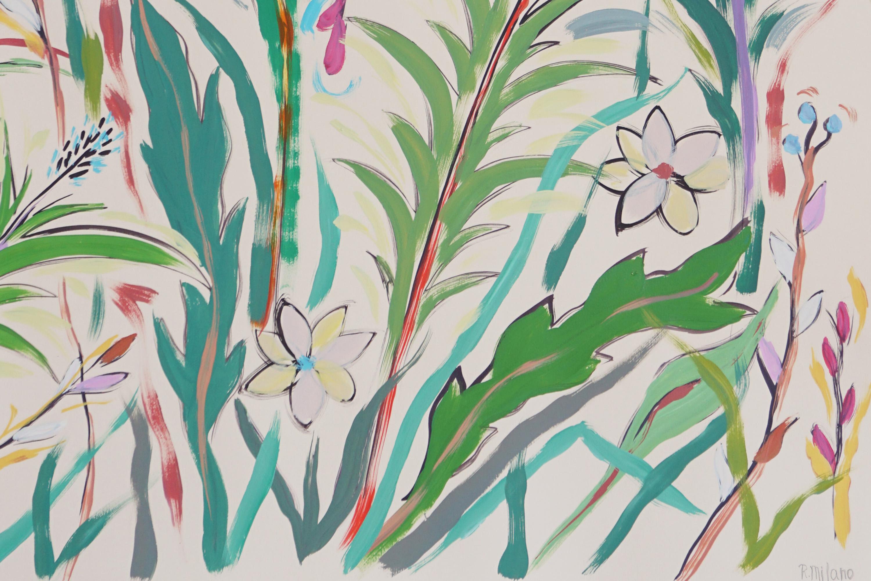 Díptico Tropical Pequeñas Palmeras, Ilustración Expresionista Flores y Hojas Verdes 2