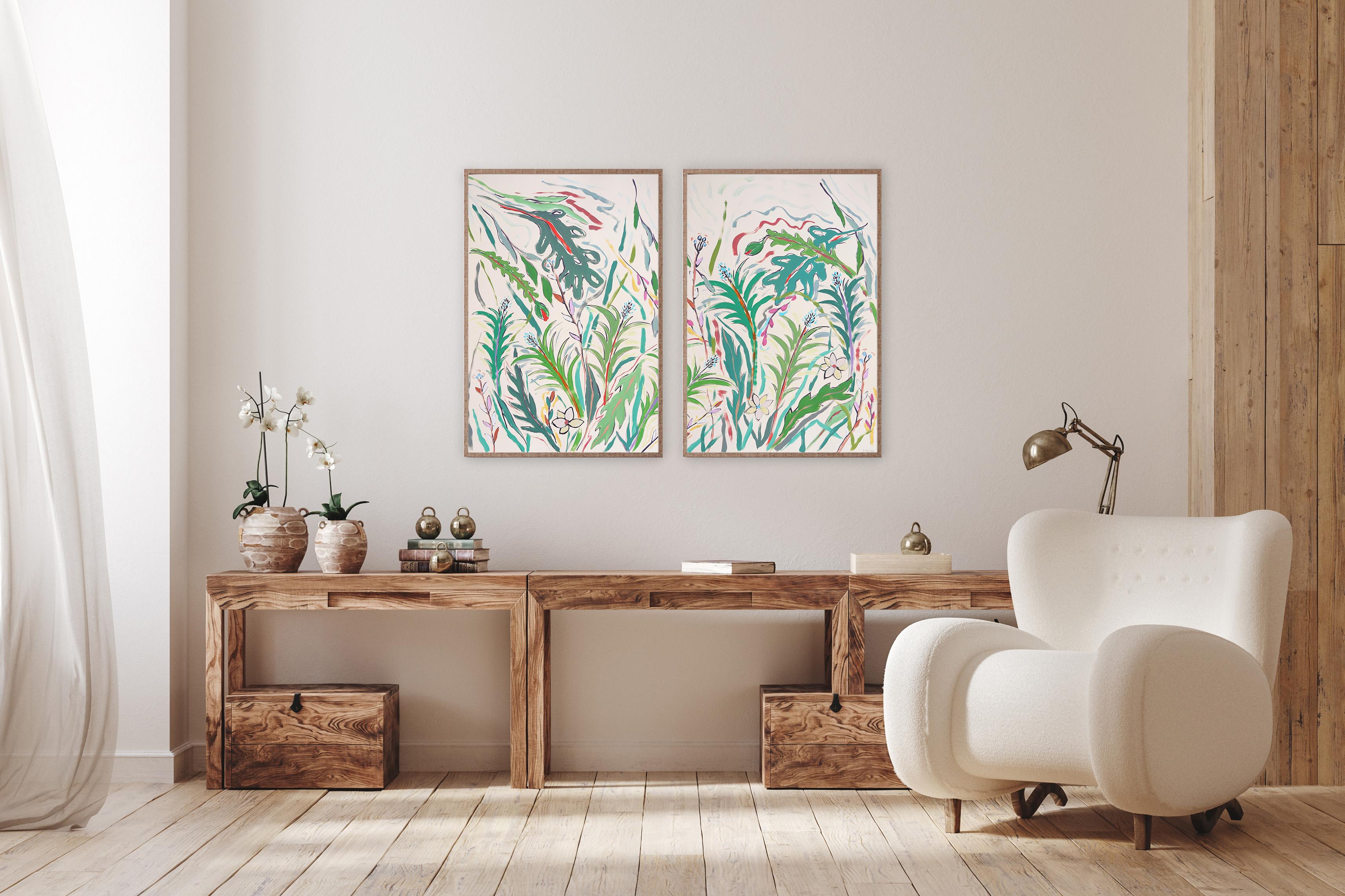 Díptico Tropical Pequeñas Palmeras, Ilustración Expresionista Flores y Hojas Verdes 3