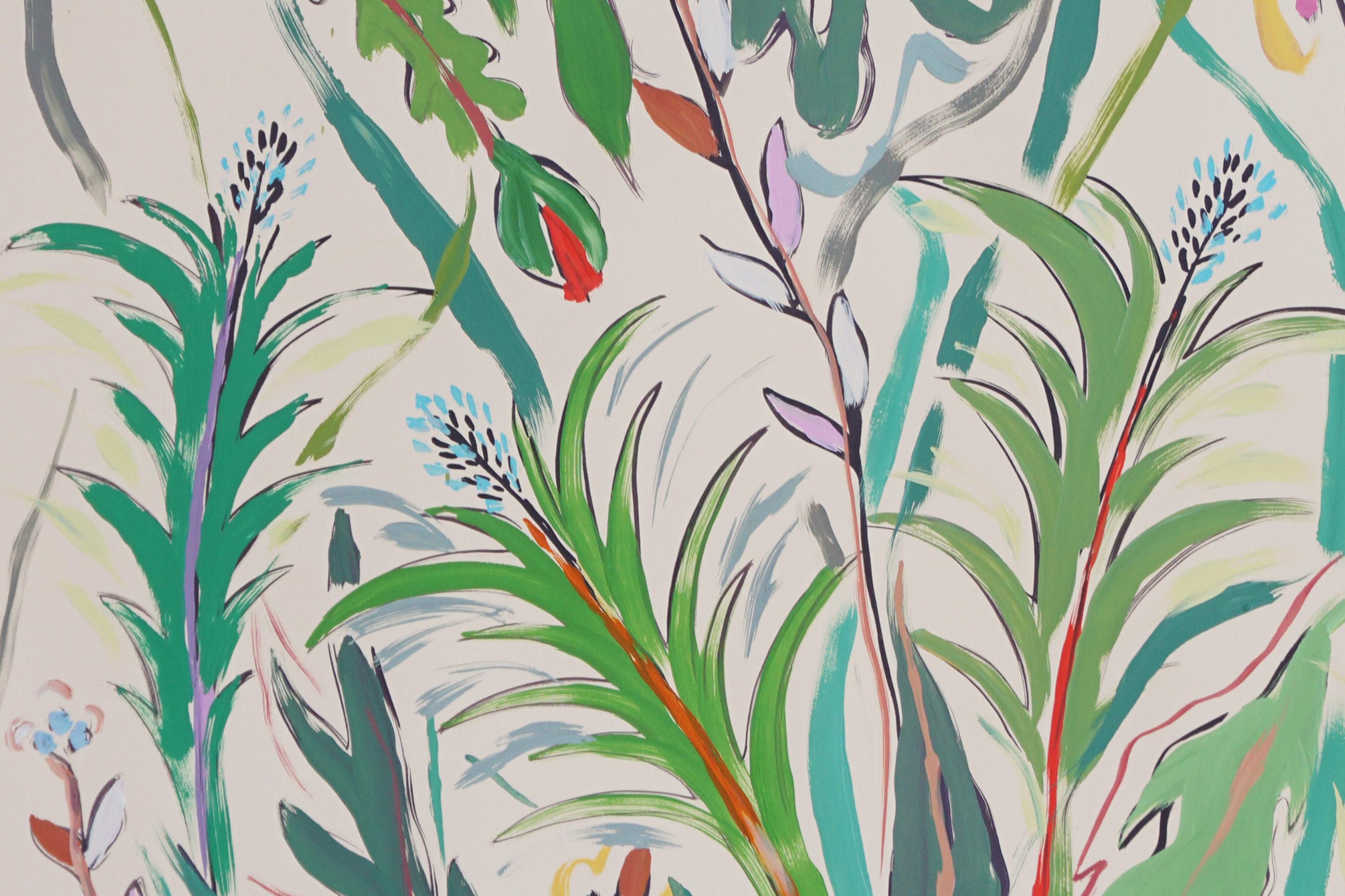 Díptico Tropical Pequeñas Palmeras, Ilustración Expresionista Flores y Hojas Verdes 4