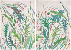 Diptyque de petits palmiers tropicaux, illustration expressionniste, fleurs et feuilles vertes