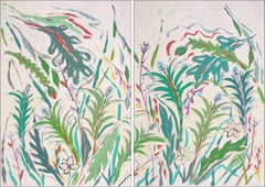 Díptico Tropical Pequeñas Palmeras, Ilustración Expresionista Flores y Hojas Verdes