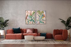 Tropical Marsh Duo, Lush Plants & Flowers Diptych, Green Expressionist Gestures