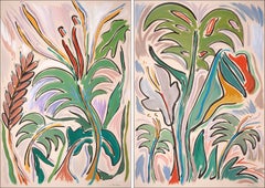 Tropical Marsh Duo, Lush Plants & Flowers Diptych, Green Expressionist Gestures