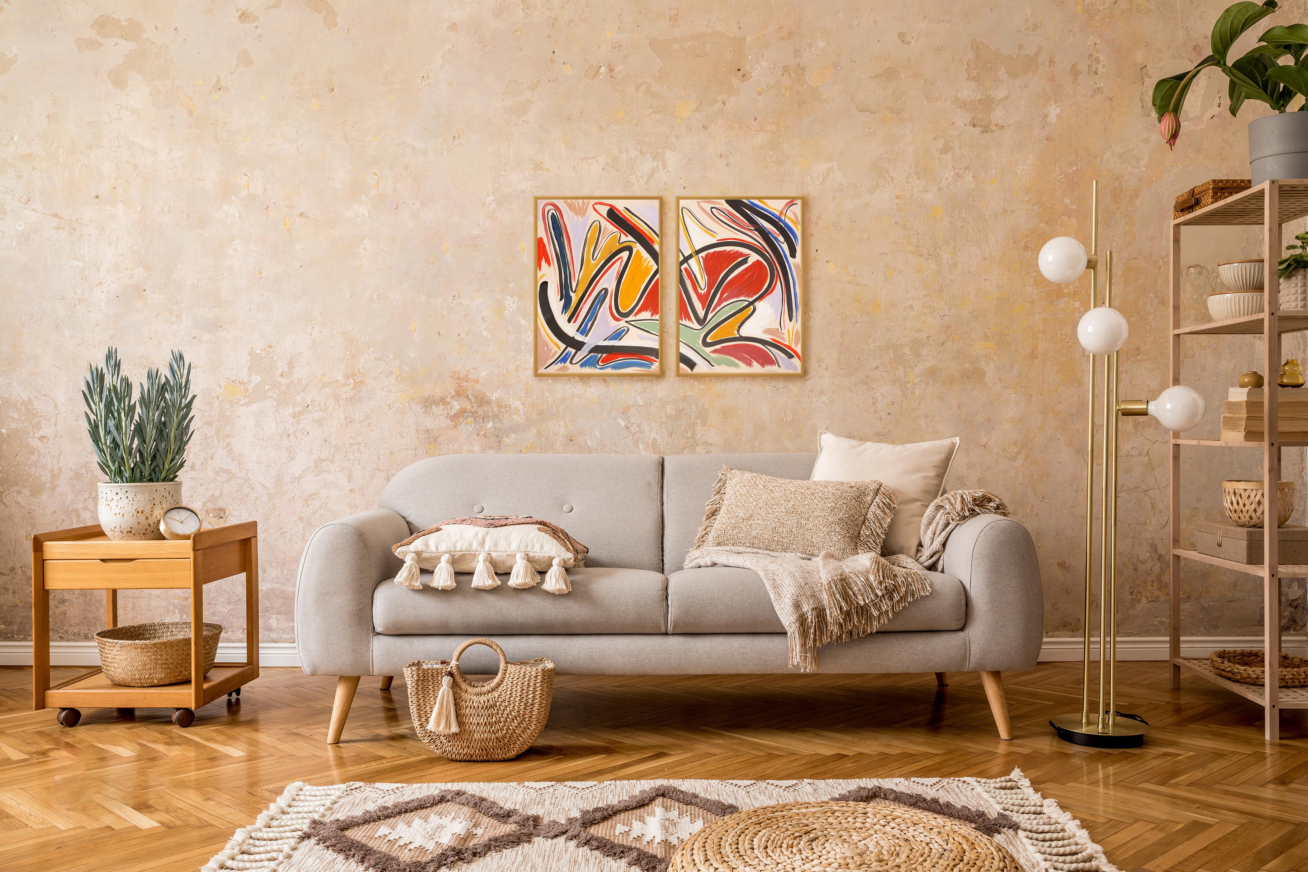 Díptico Expresionista en Tonos Primarios, Música Abstracta, Gestos en Negro, Papel en venta 3
