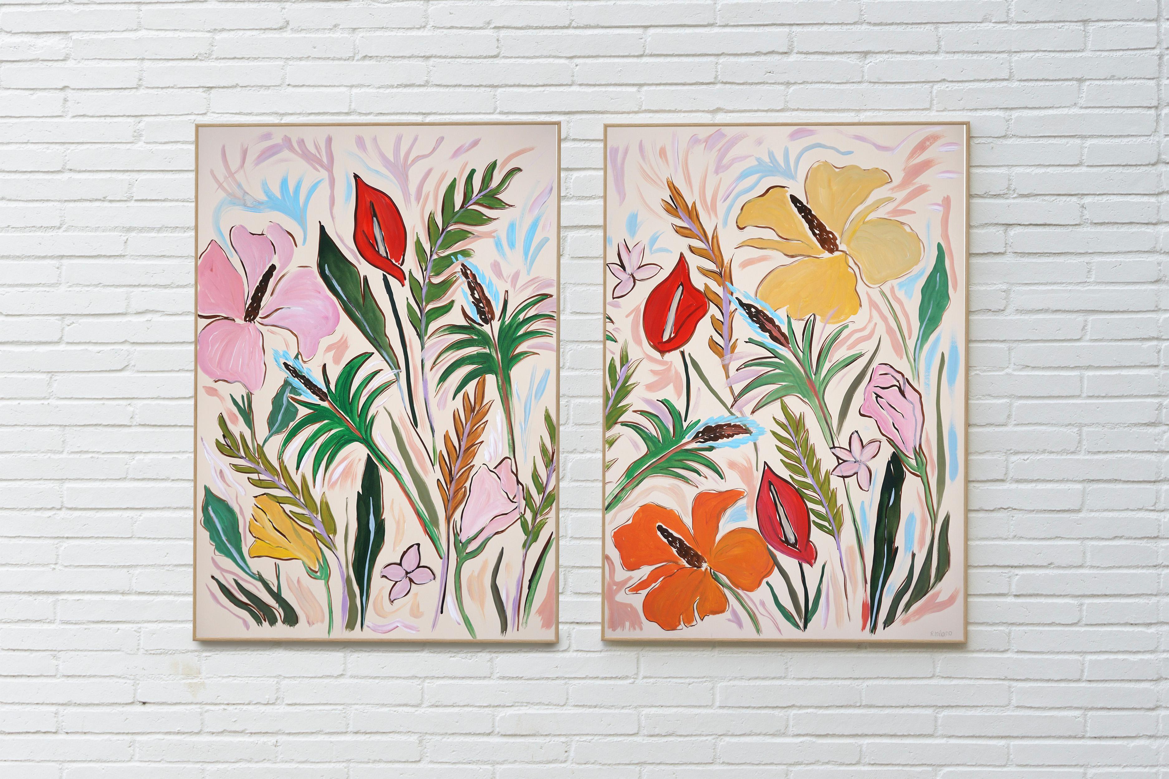 Tropical Wild Hibiscus Bloom Diptych, Flamingo Flowers Green Leaves Illustration - Painting by Romina Milano