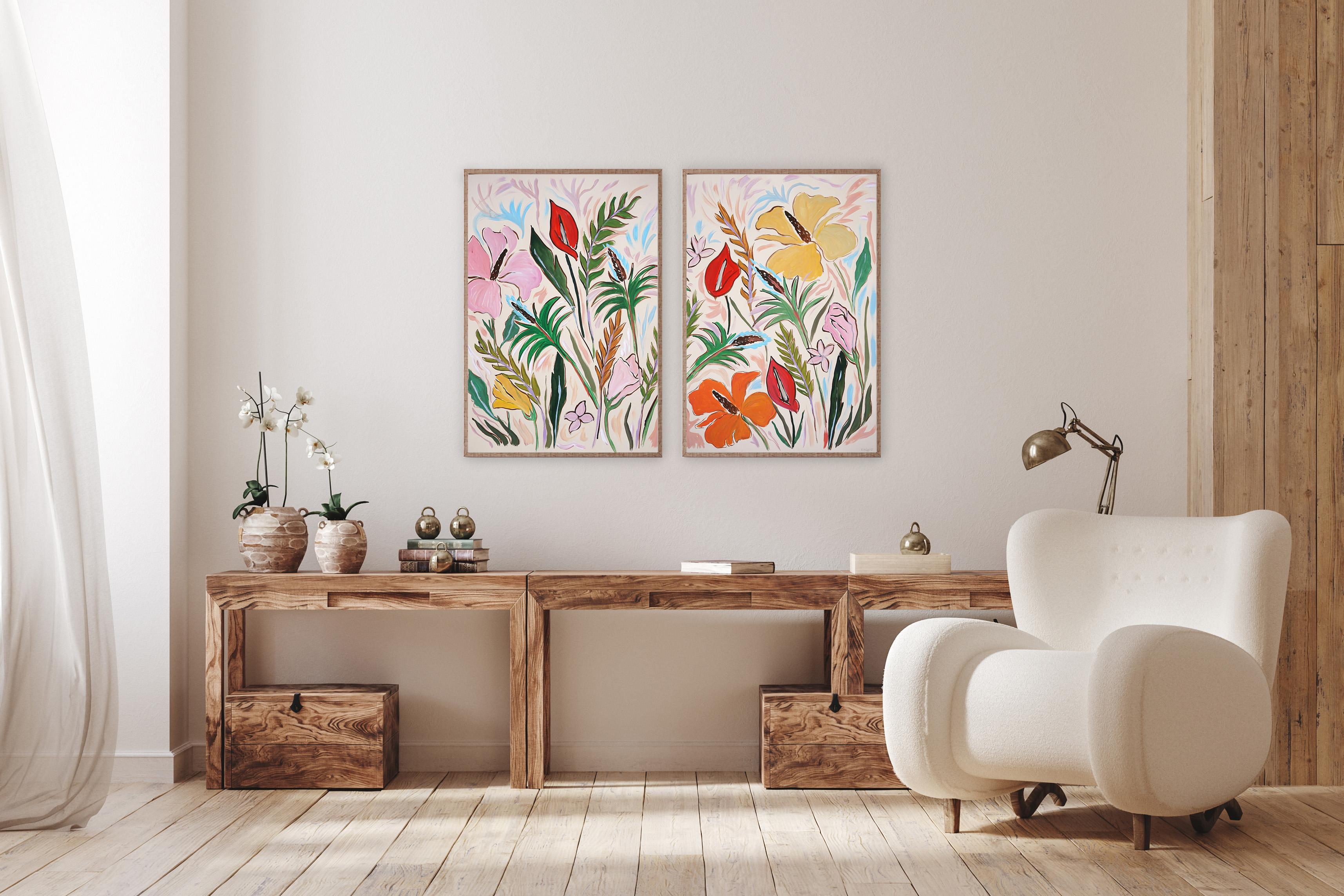 Tropical Wild Hibiscus Bloom Diptych, Flamingo Flowers Green Leaves Illustration - Naturalistic Painting by Romina Milano
