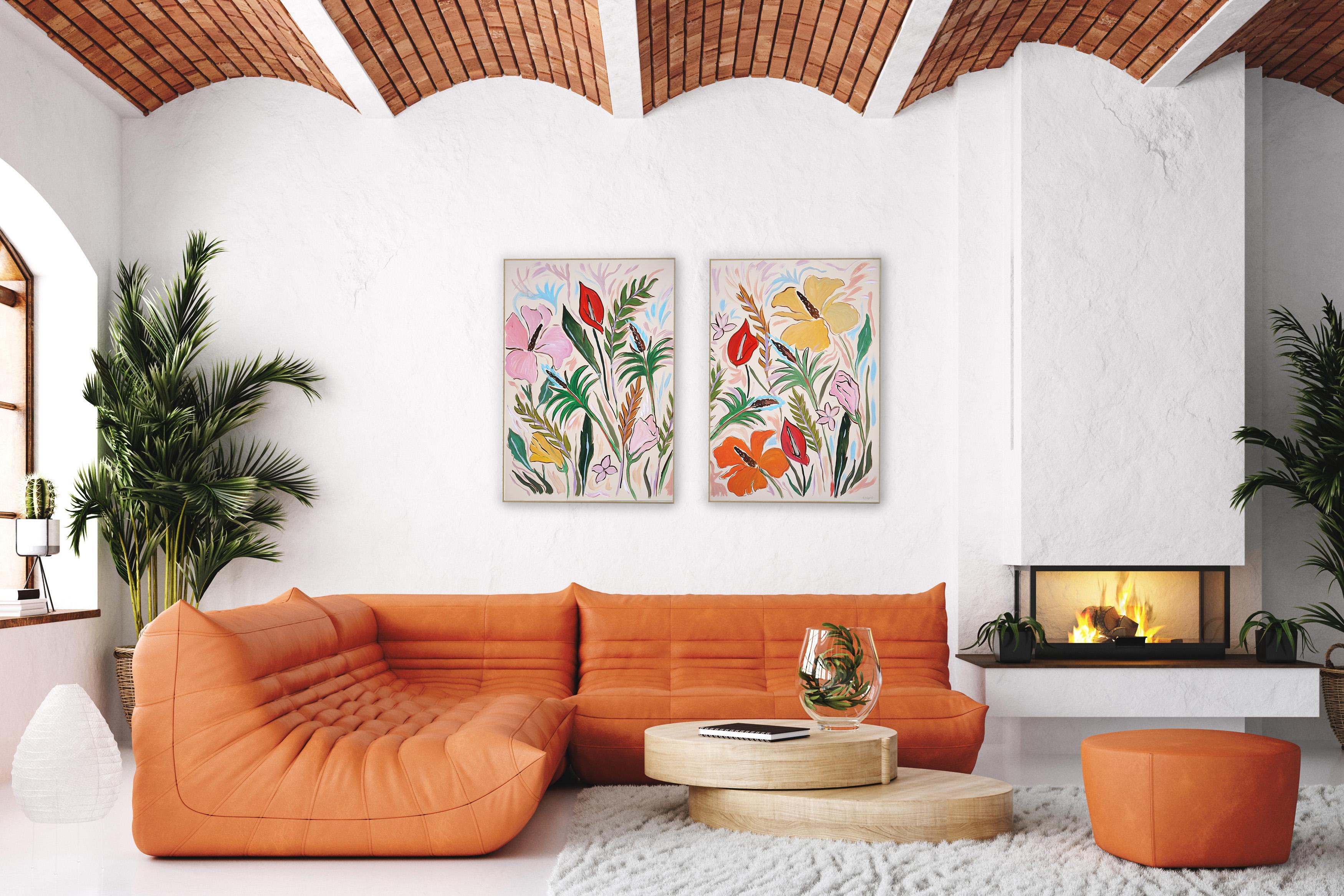 Tropical Wild Hibiscus Bloom Diptych, Flamingo Flowers Green Leaves Illustration - Beige Still-Life Painting by Romina Milano