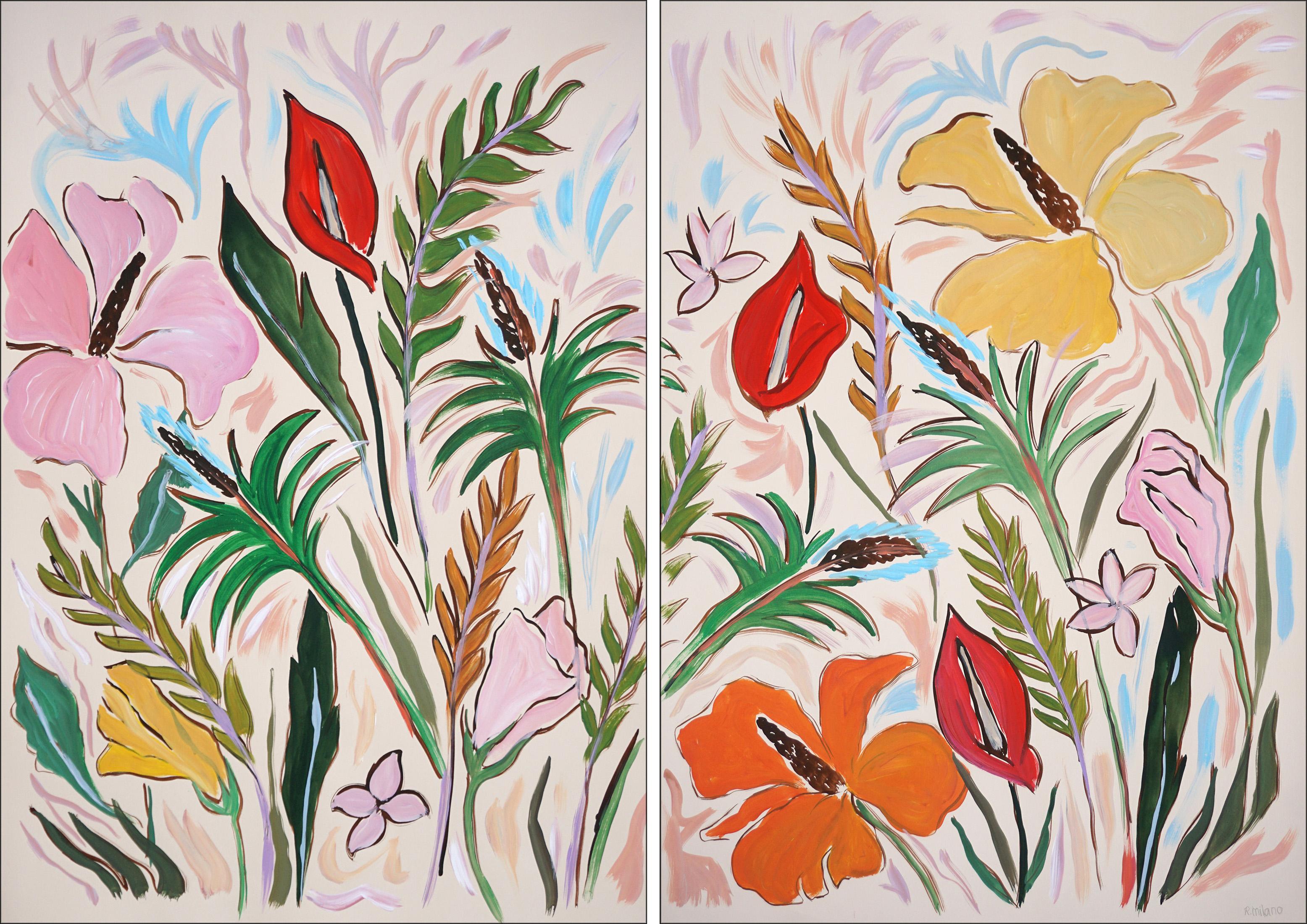 Romina Milano Still-Life Painting - Tropical Wild Hibiscus Bloom Diptych, Flamingo Flowers Green Leaves Illustration
