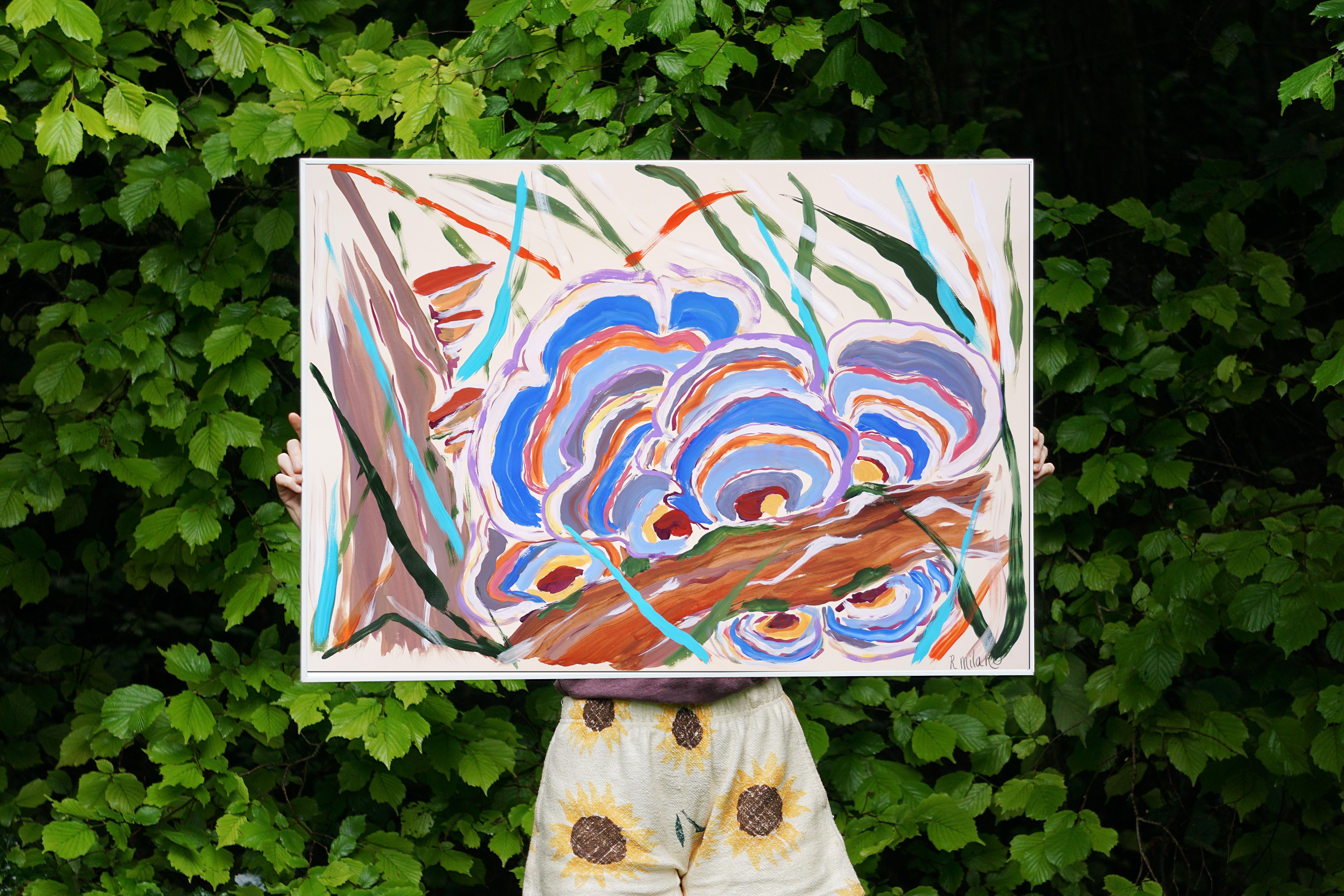 Turkey Tail Mushrooms in Blue, Fauvist Autumn Landscape in Vivid Tones on Paper - Painting by Romina Milano