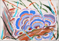Turkey Tail Mushrooms in Blue, Fauvist Autumn Landscape in Vivid Tones on Paper