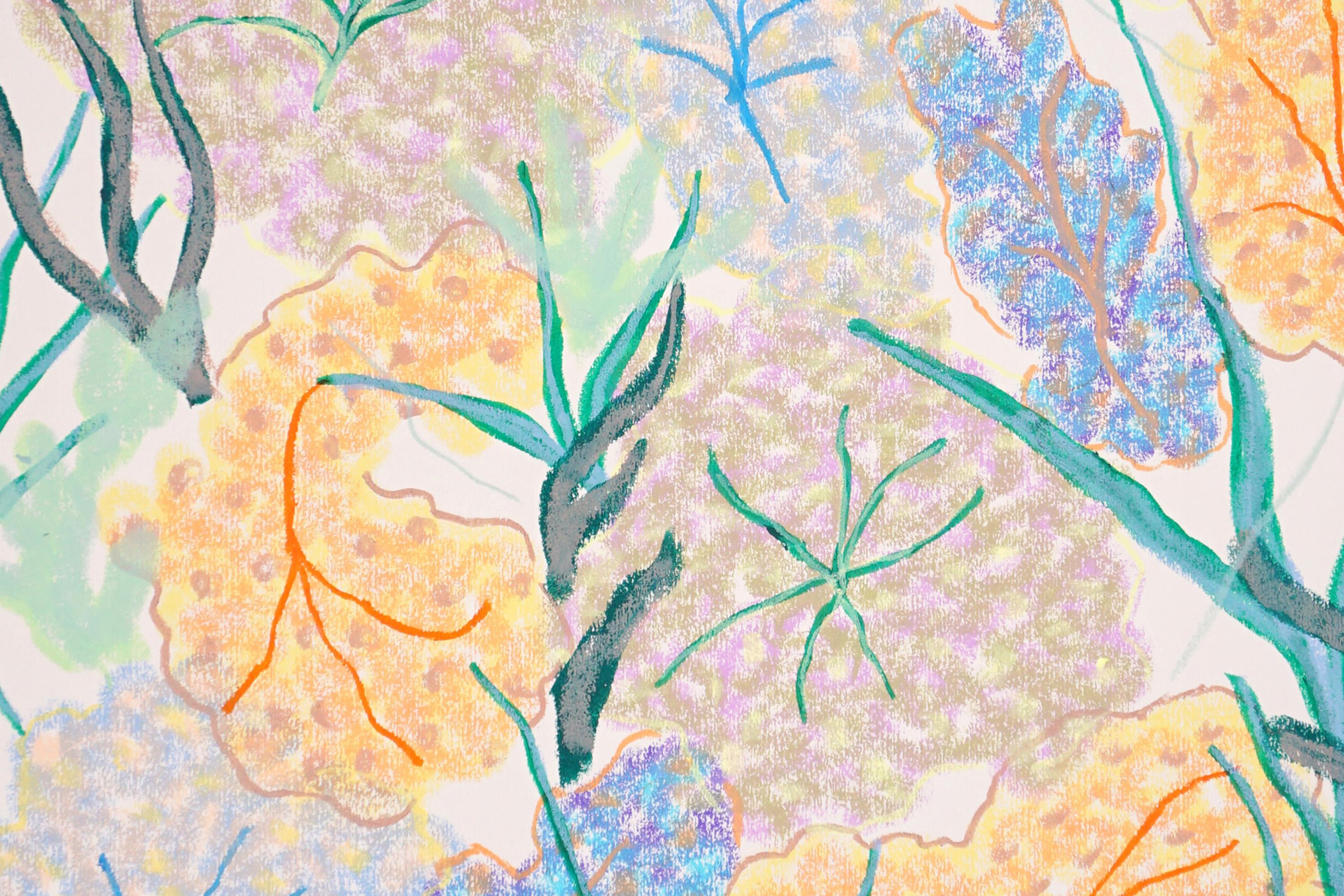 Unterwasseralgen, Abstraktes maritimes organisches Gemälde, grüne und gelbe Pastellfarbe (Impressionismus), Painting, von Romina Milano