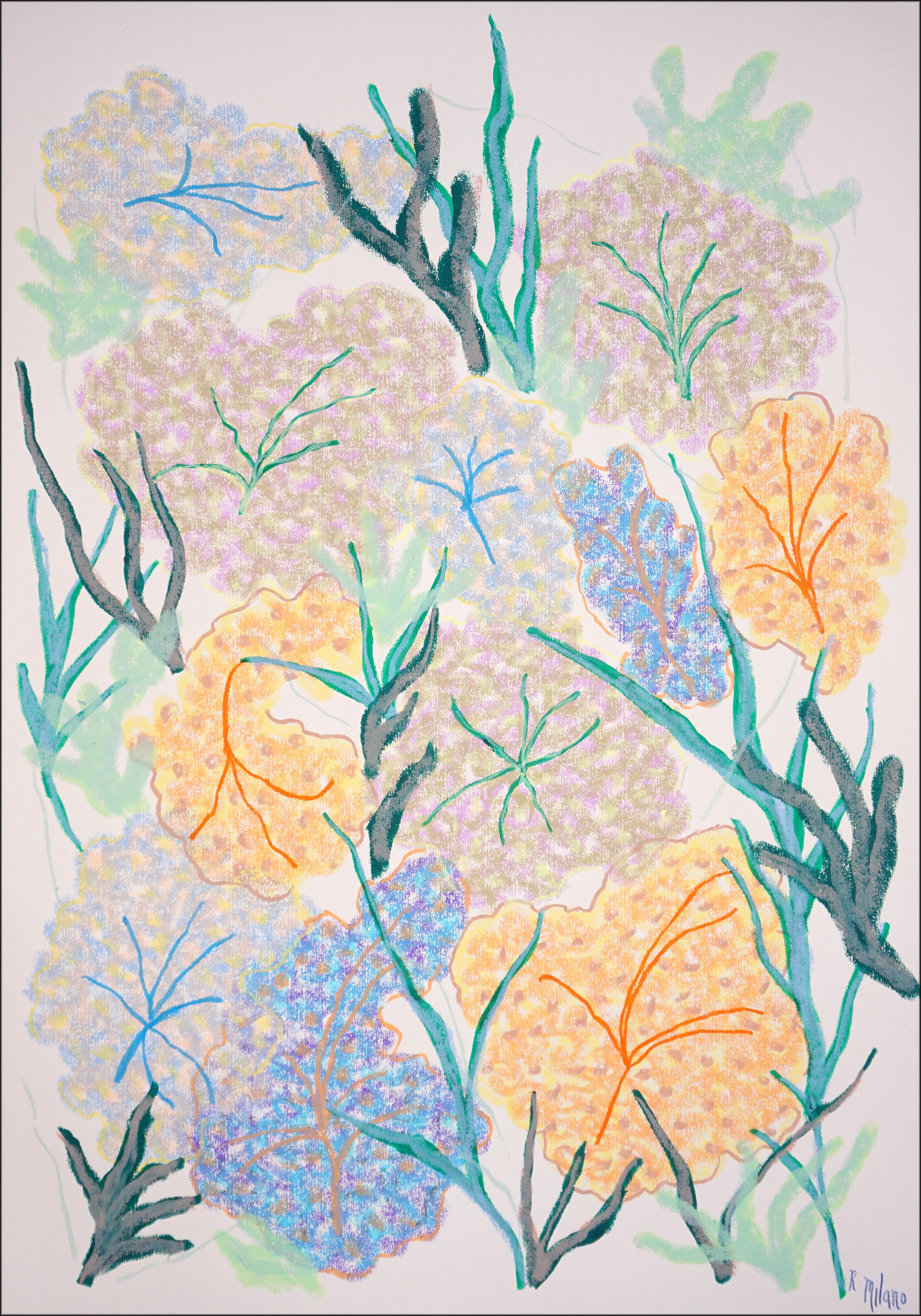 Underwater Algae ist ein leuchtendes Gemälde, das die zarte Schönheit des Meereslebens mit einer lebhaften Palette von Pastellfarben und weichen organischen Formen feiert. Inspiriert von den rhythmischen Mustern von Unterwasserschwämmen, verwandelt
