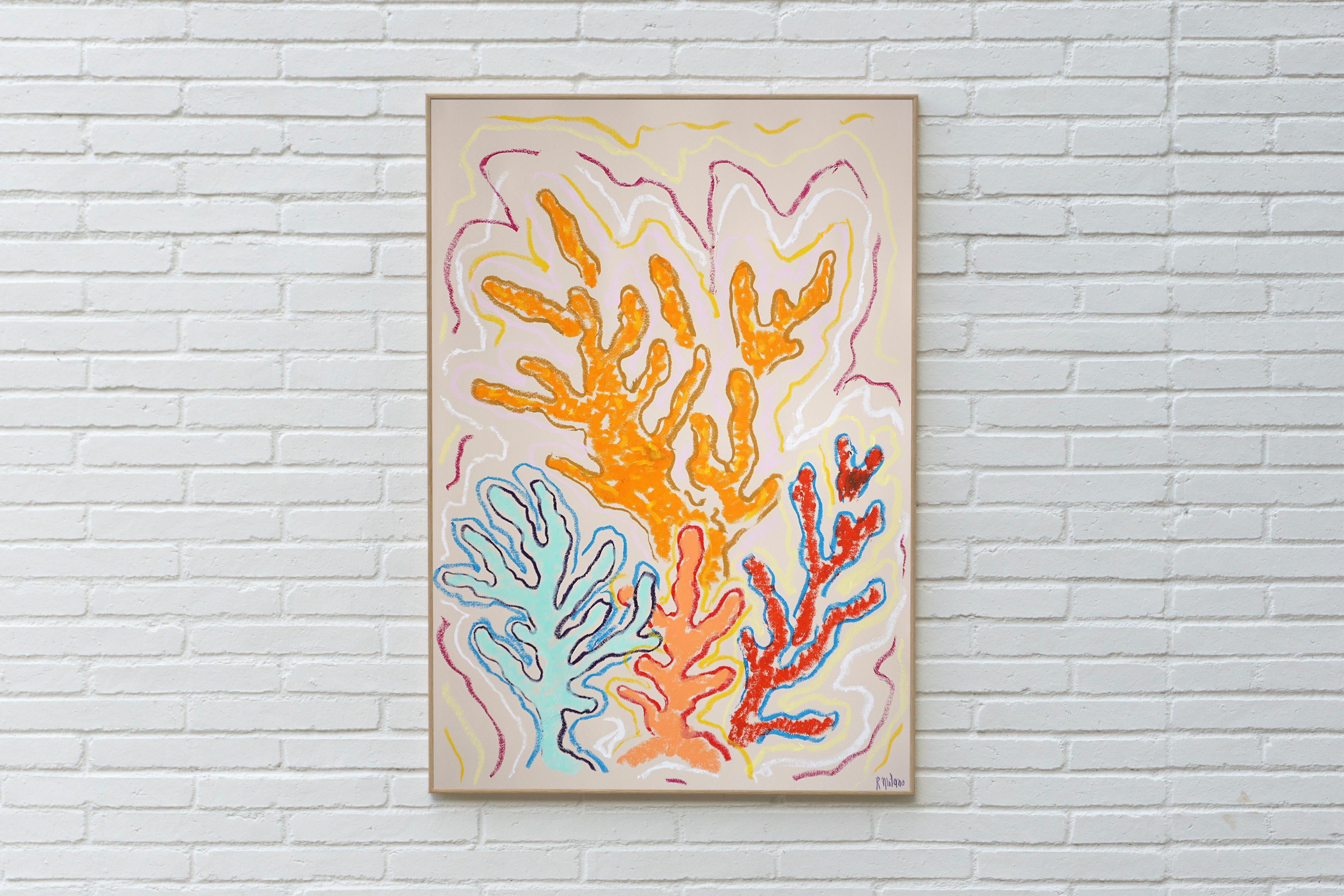 Vibrating Corals, Colorful Reef Shapes, Vertical Seascape, Ilustration Style - Painting by Romina Milano