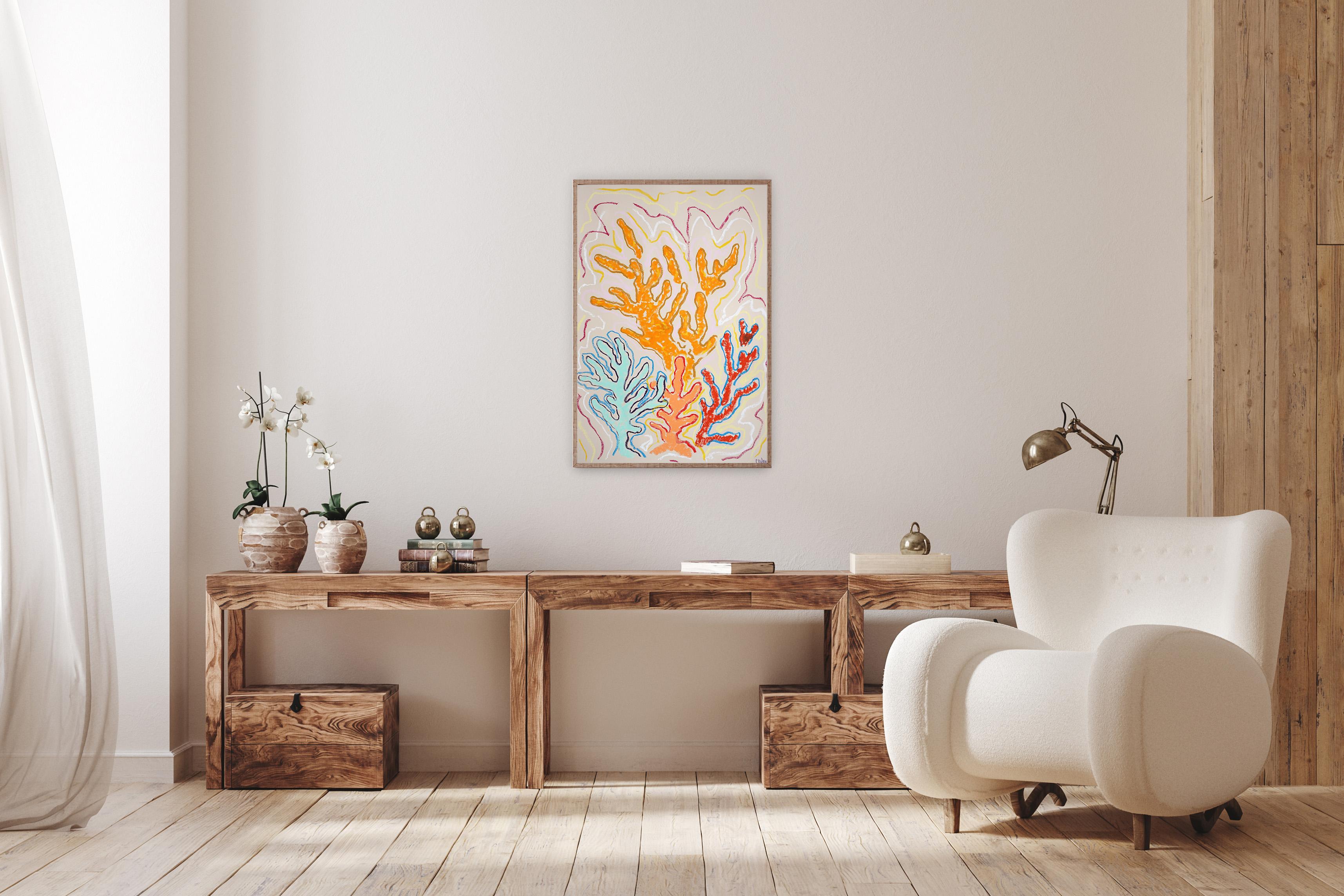 Vibrating Corals, Colorful Reef Shapes, Vertical Seascape, Ilustration Style - Naturalistic Painting by Romina Milano