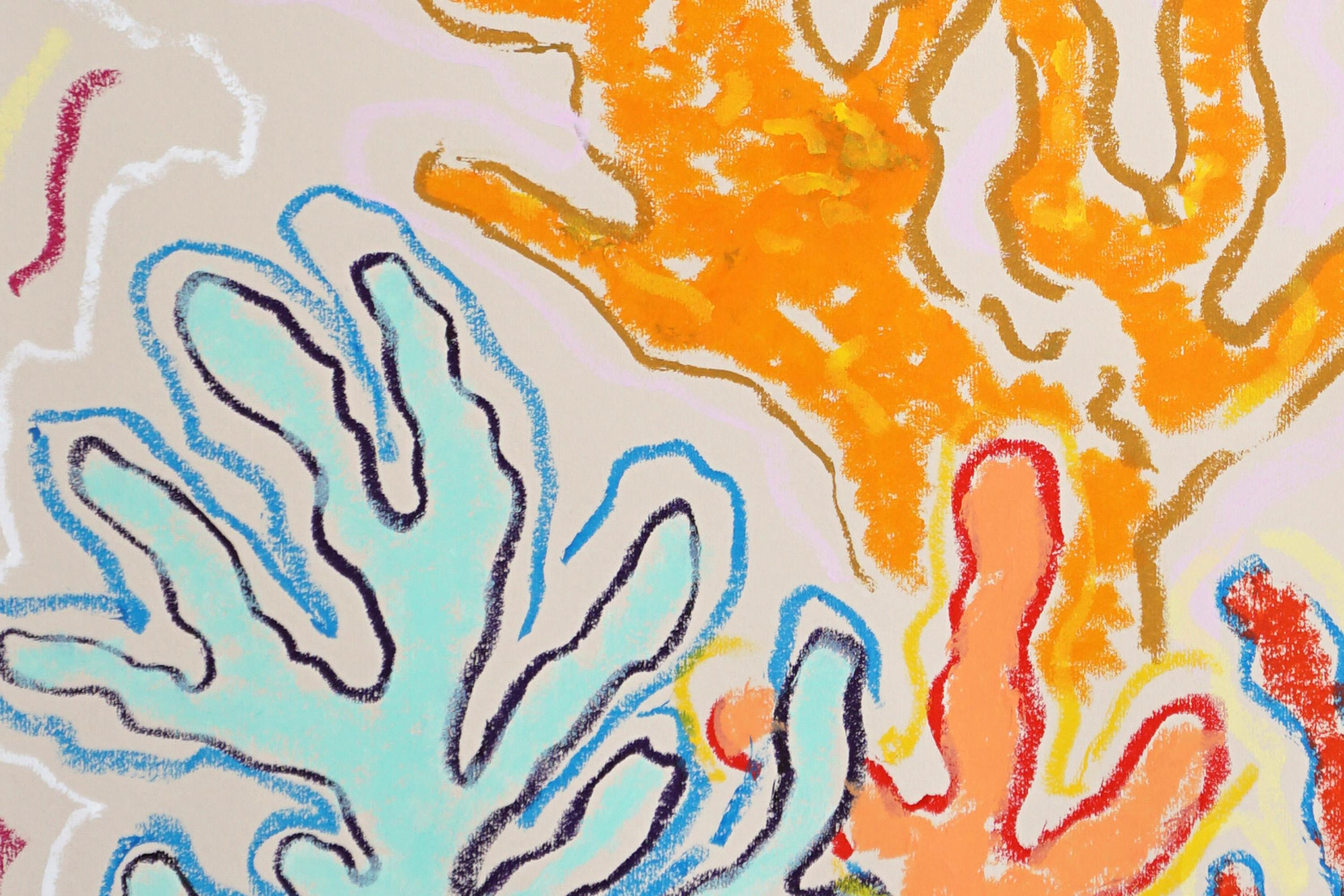 Vibrating Corals, Colorful Reef Shapes, Vertical Seascape, Ilustration Style - Beige Still-Life Painting by Romina Milano