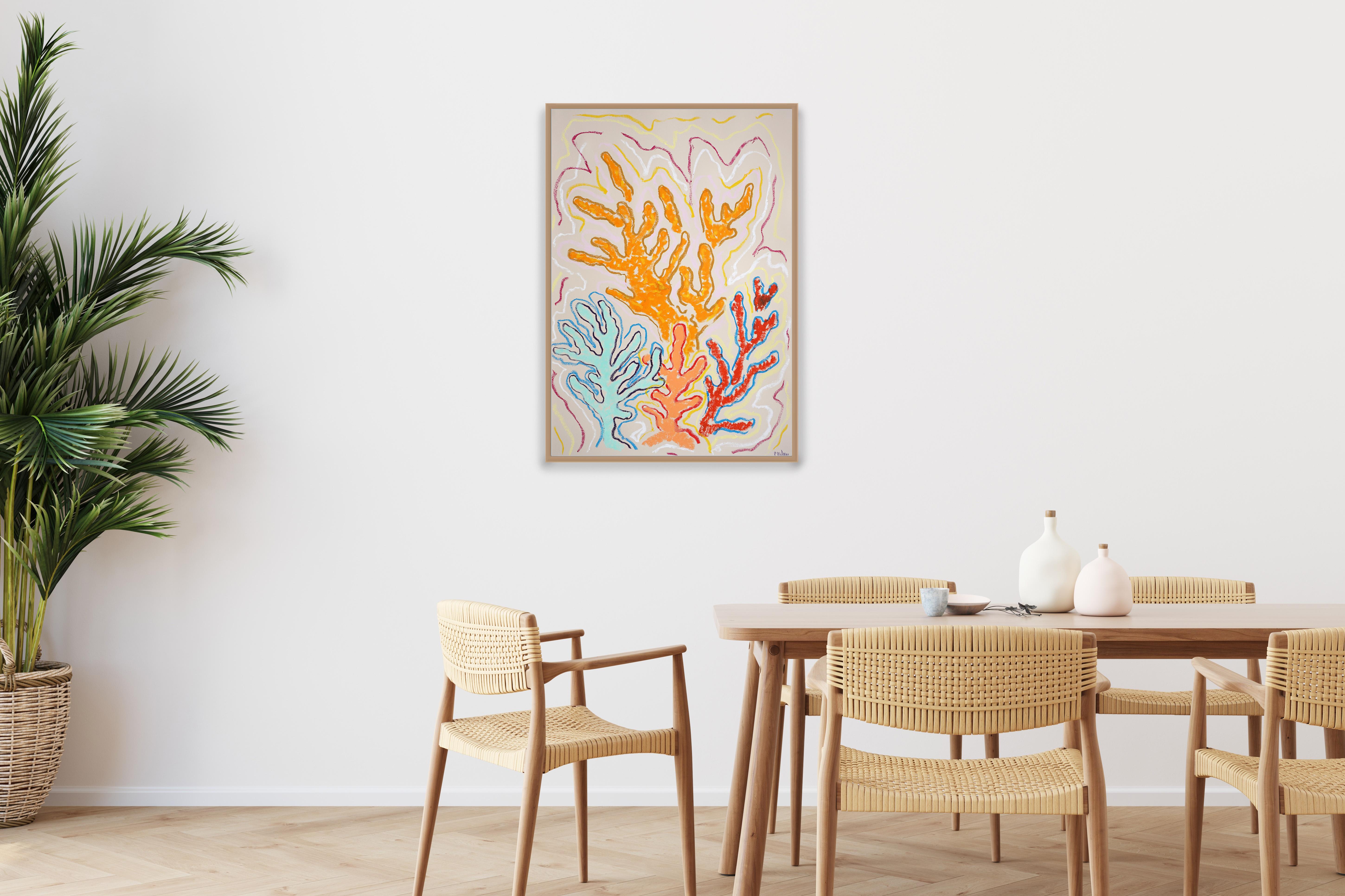 Vibrating Corals captures the rich diversity and texture of underwater coral life. The artist uses confident lines and bold, layered colors—reds, blues, yellows, purples, and earthy browns—to create a lively, almost rhythmic interplay between form