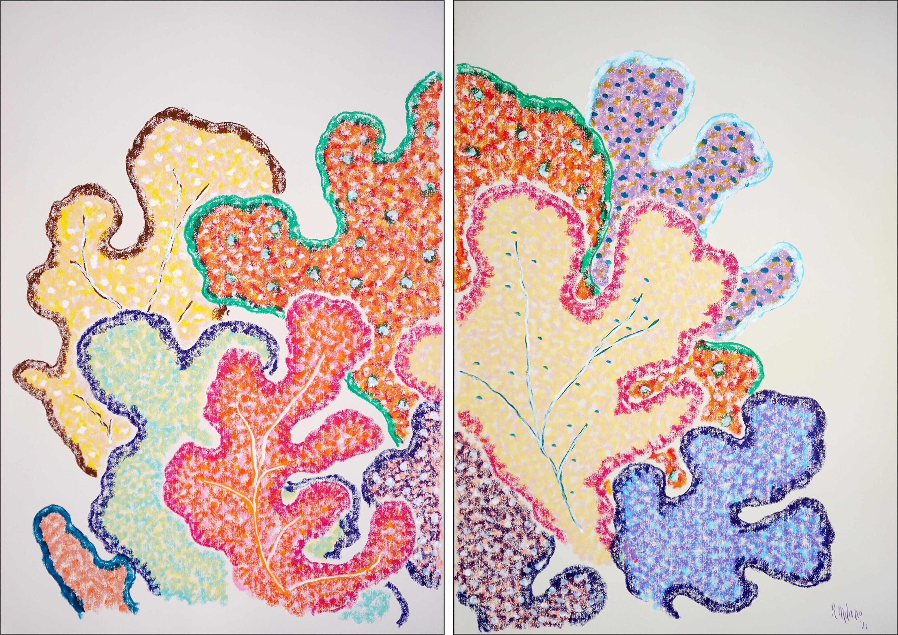 Romina Milano Still-Life Painting - Vivid Coral Beings, Abstract Organic Forms, Marine Diptych, Textural Abstraction