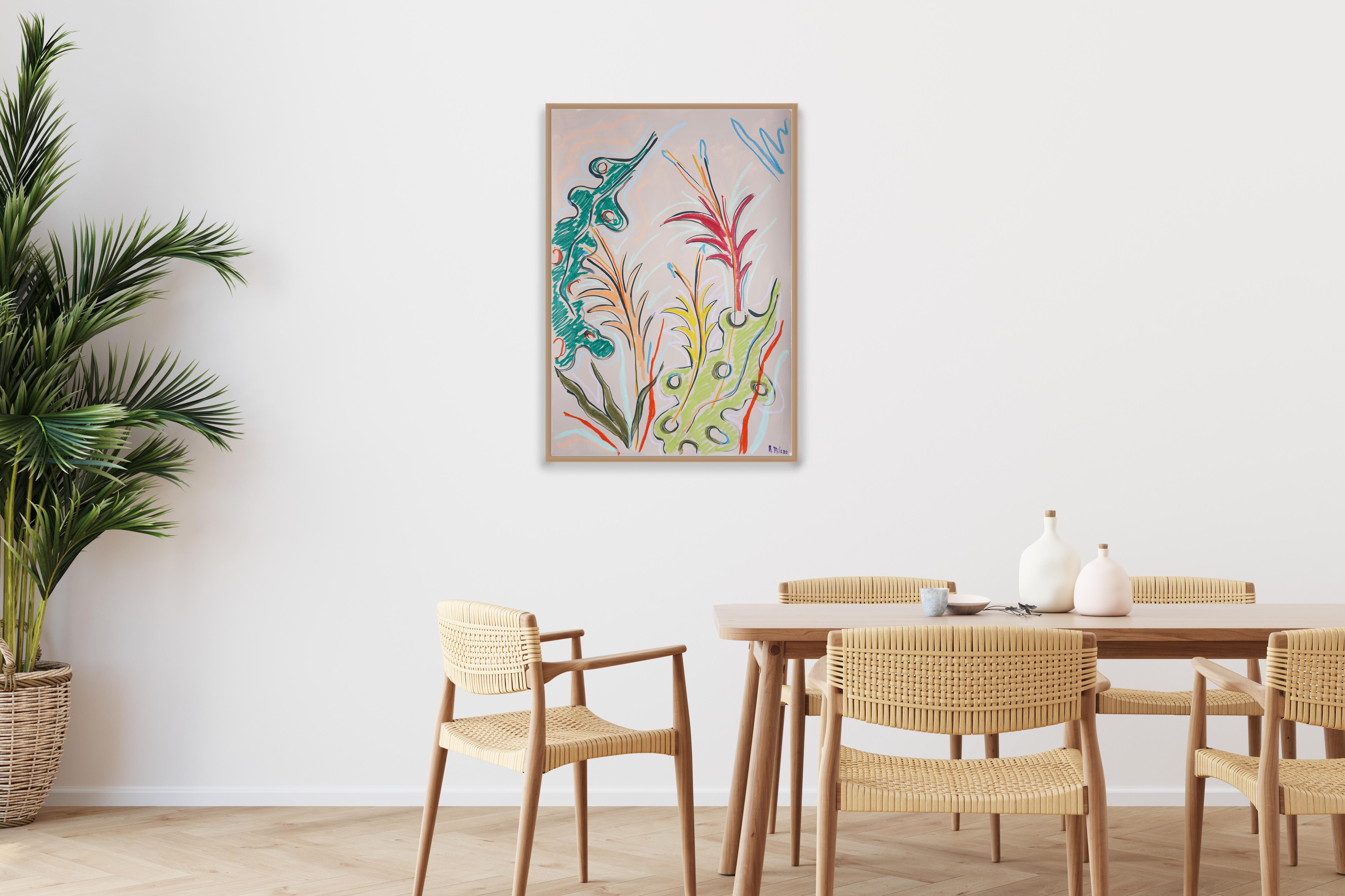 Vivid Lush Leaves Sketch, Botanic Drawing, Expressionist Style, Watercolor Paper - Painting by Romina Milano