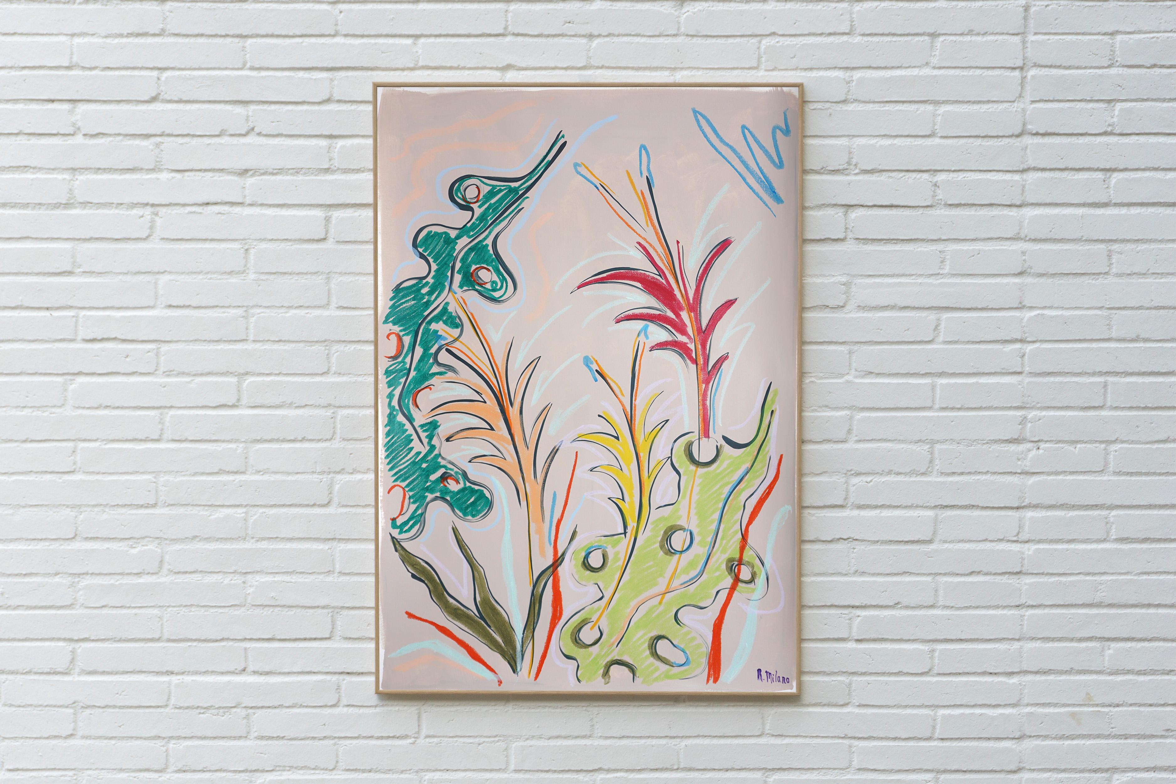 Vivid Lush Leaves Sketch, Botanic Drawing, Expressionist Style, Watercolor Paper - Beige Landscape Painting by Romina Milano