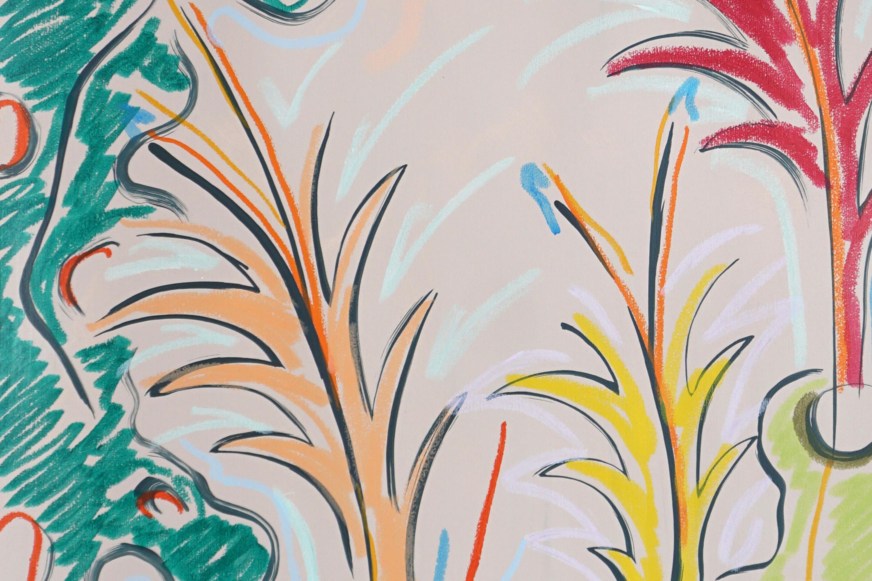 This expressionist botanical drawing on paper captures the raw vitality of exotic flowers through fresh, vigorous gestures. Milano's drawings abandon precise realism in favor of emotional intensity, using sweeping lines and dynamic marks to convey