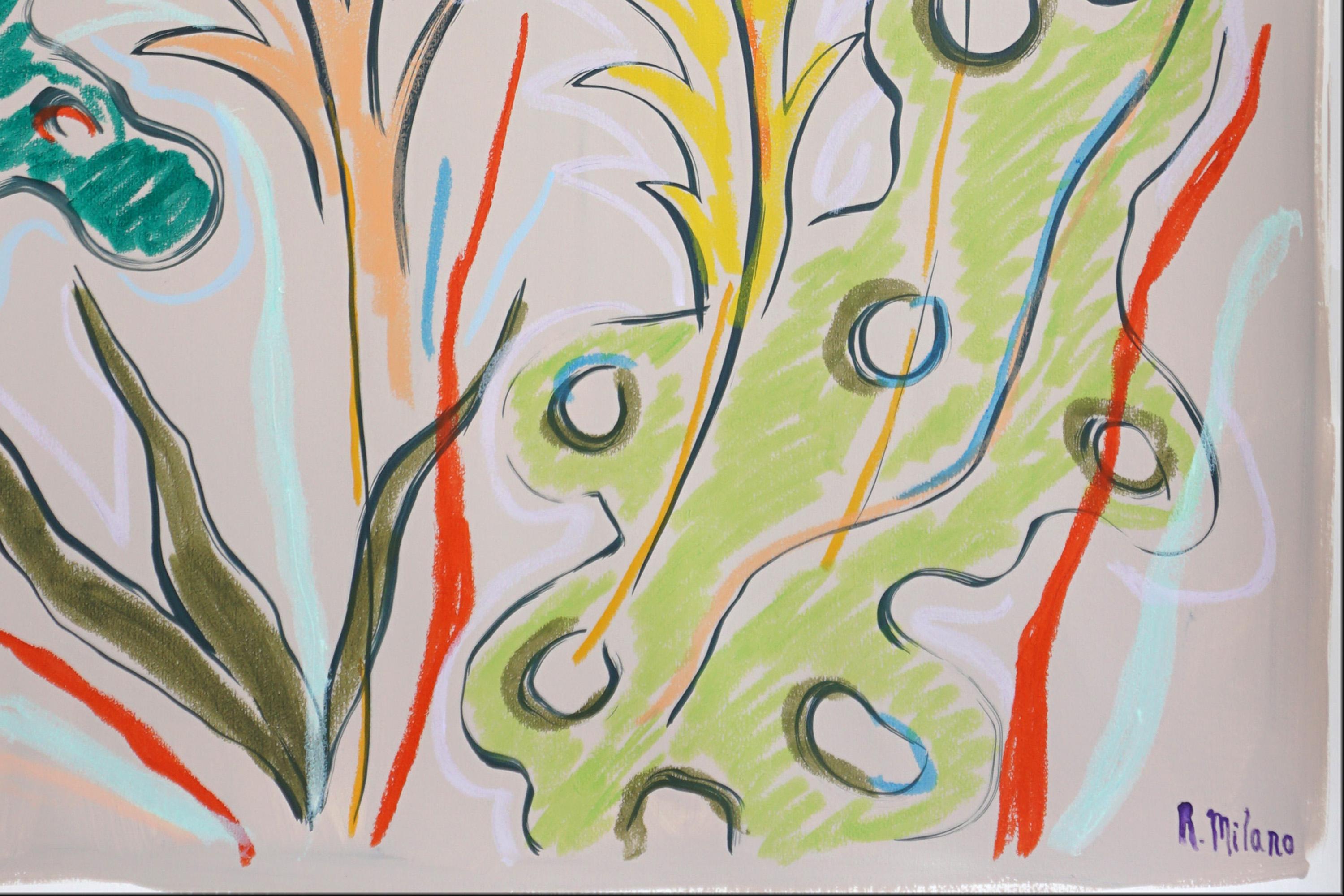 Vivid Lush Leaves Sketch, Botanic Drawing, Expressionist Style, Watercolor Paper For Sale 4