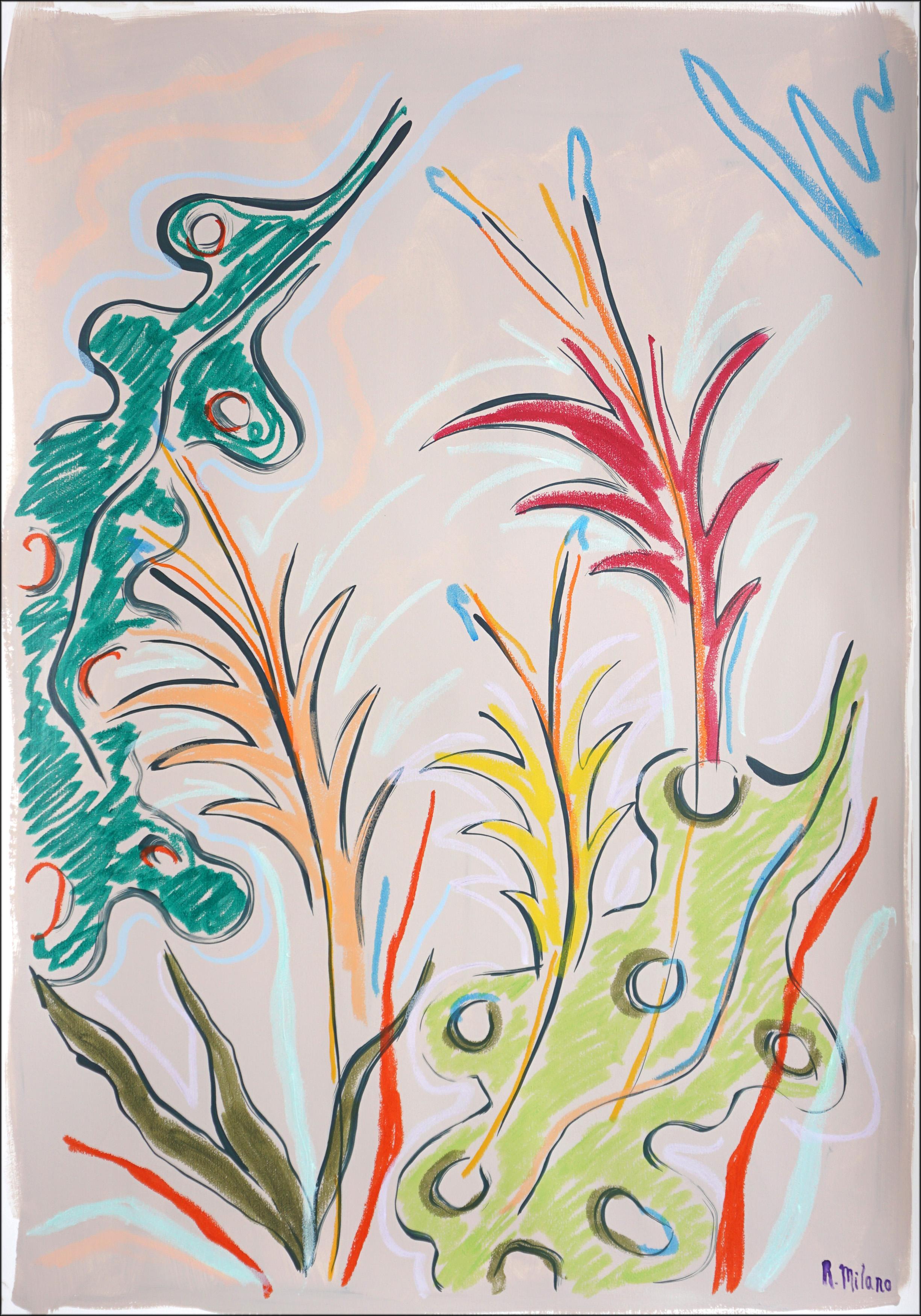 Romina Milano Landscape Painting - Vivid Lush Leaves Sketch, Botanic Drawing, Expressionist Style, Watercolor Paper