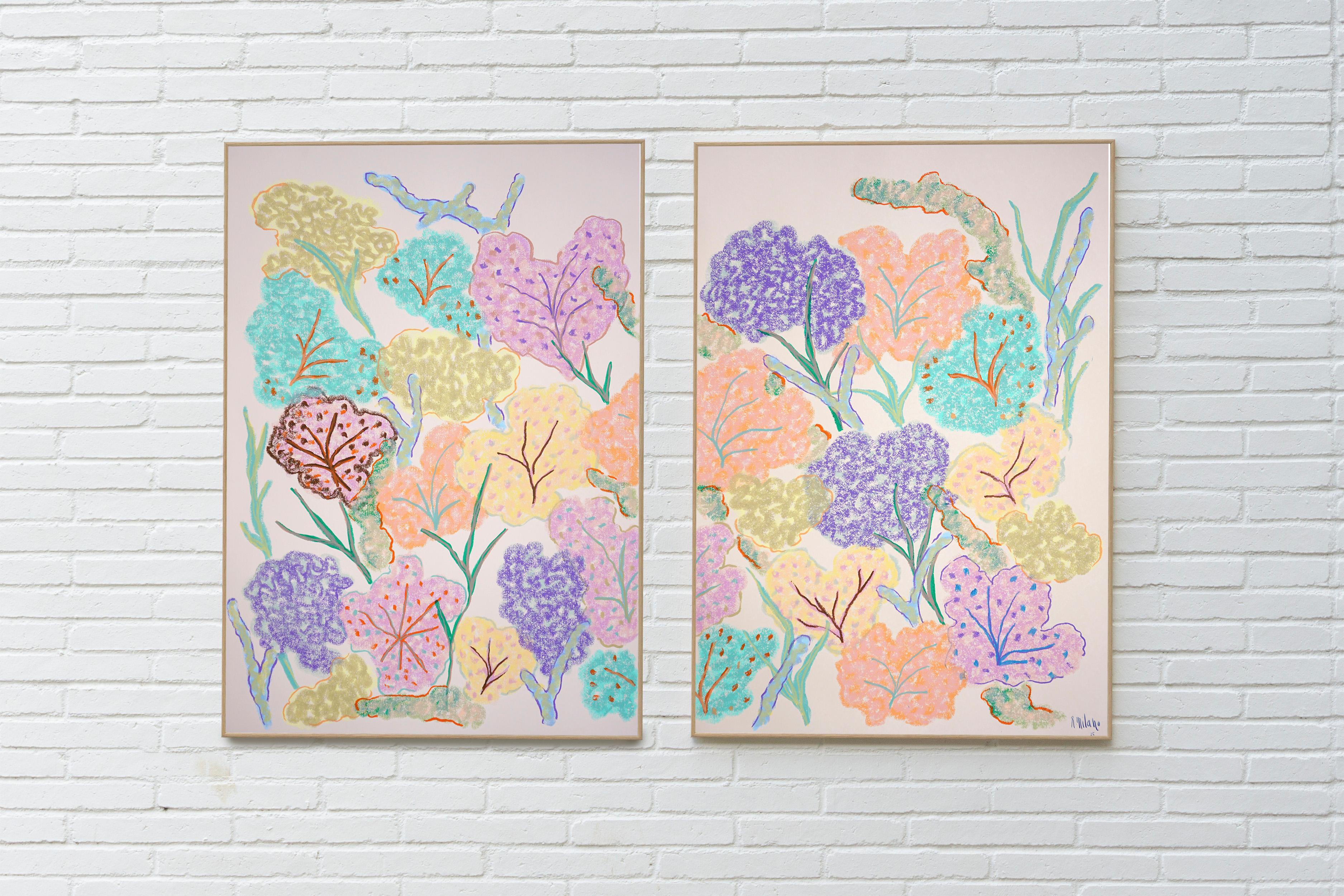 Lebendige Meeresschwämme, abstrakte Meeresmalerei in Pastelltönen, großes Diptychon, 2025 – Painting von Romina Milano
