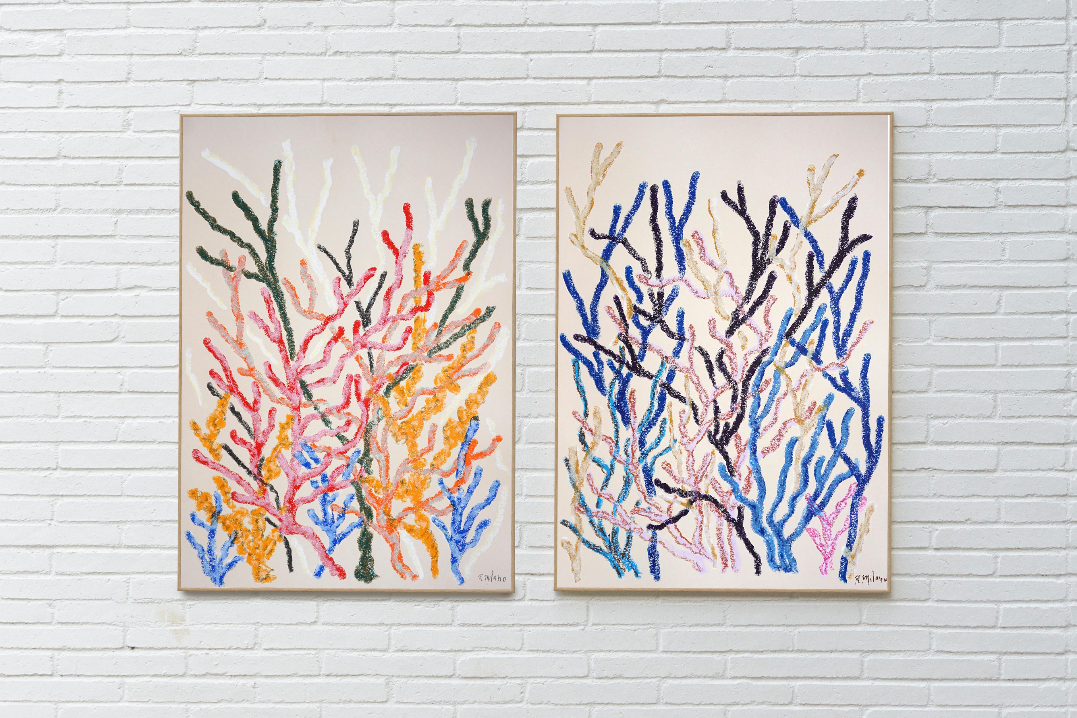 Warm and Cool Corals Diptych, Earthy Abstract Coral Reef, Pastel Strokes, Paper - Painting by Romina Milano