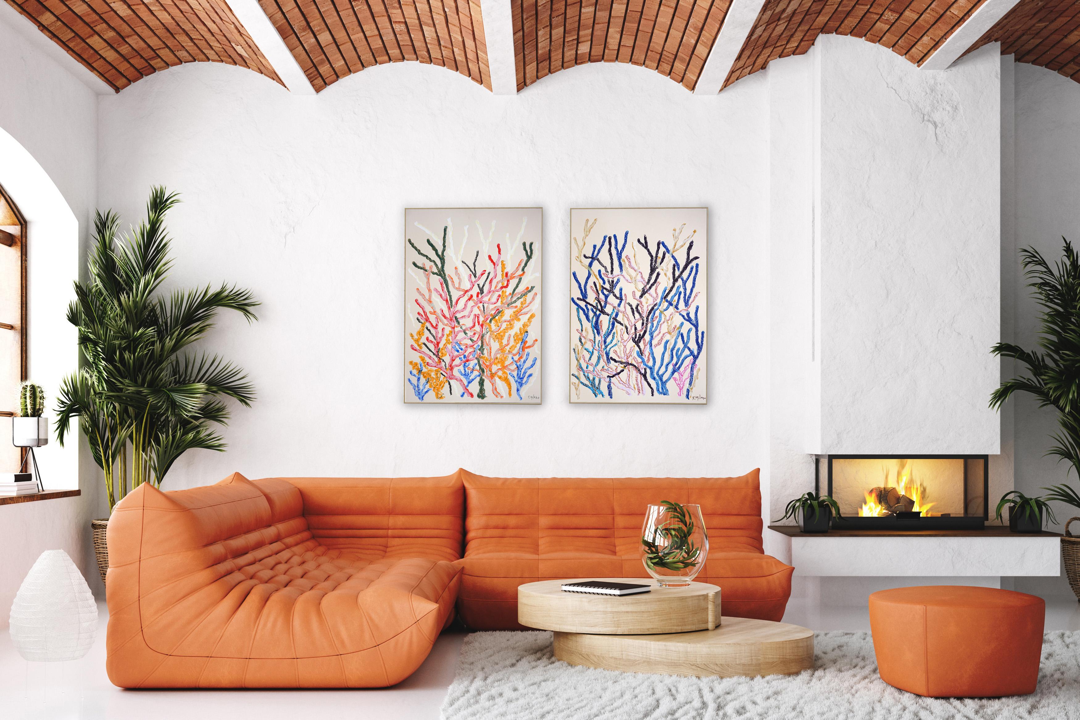 Warm and Cool Corals Diptych, Earthy Abstract Coral Reef, Pastel Strokes, Paper - Naturalistic Painting by Romina Milano