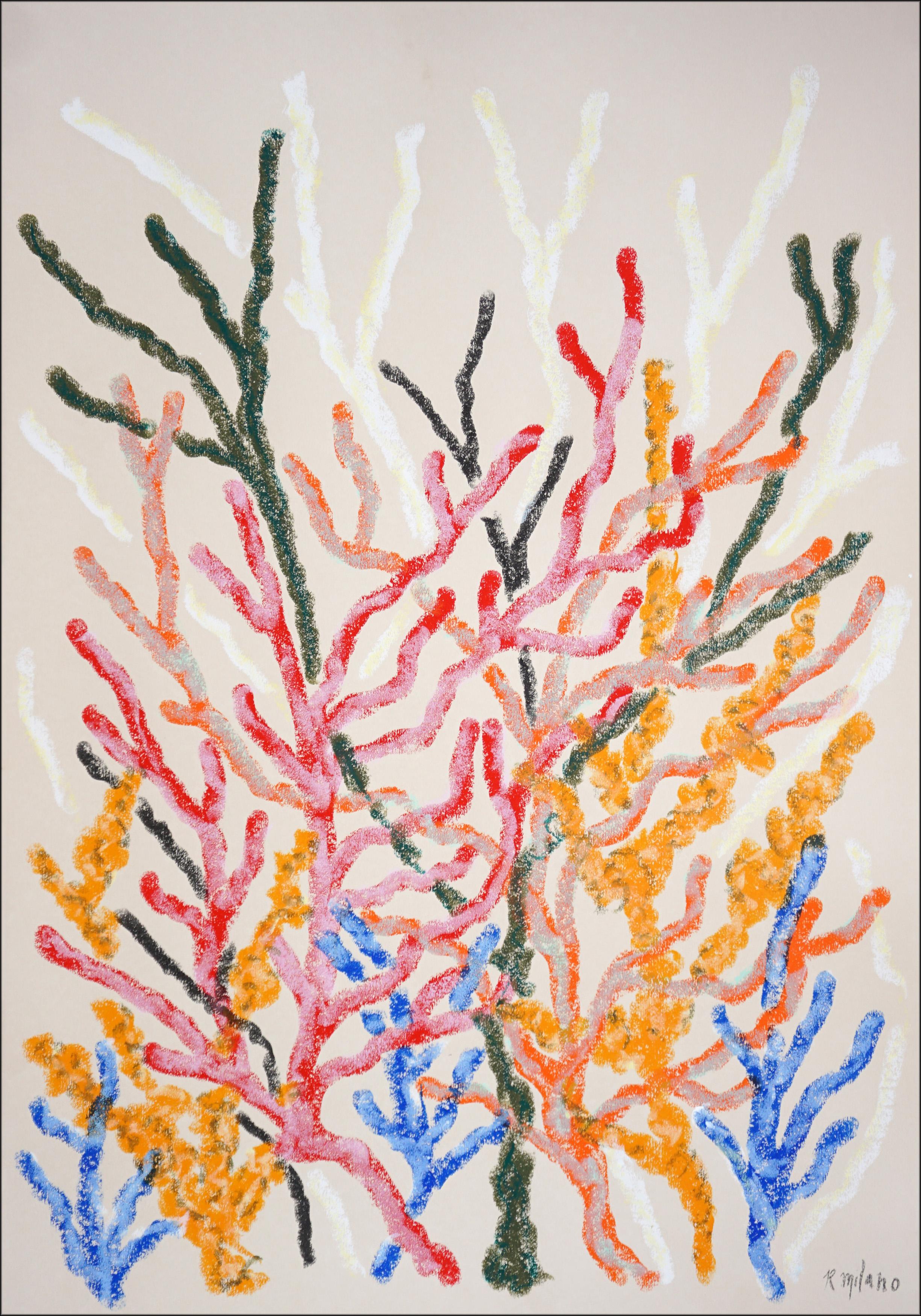 Warm and Cool Corals Diptych, Earthy Abstract Coral Reef, Pastel Strokes, Paper - Beige Still-Life Painting by Romina Milano