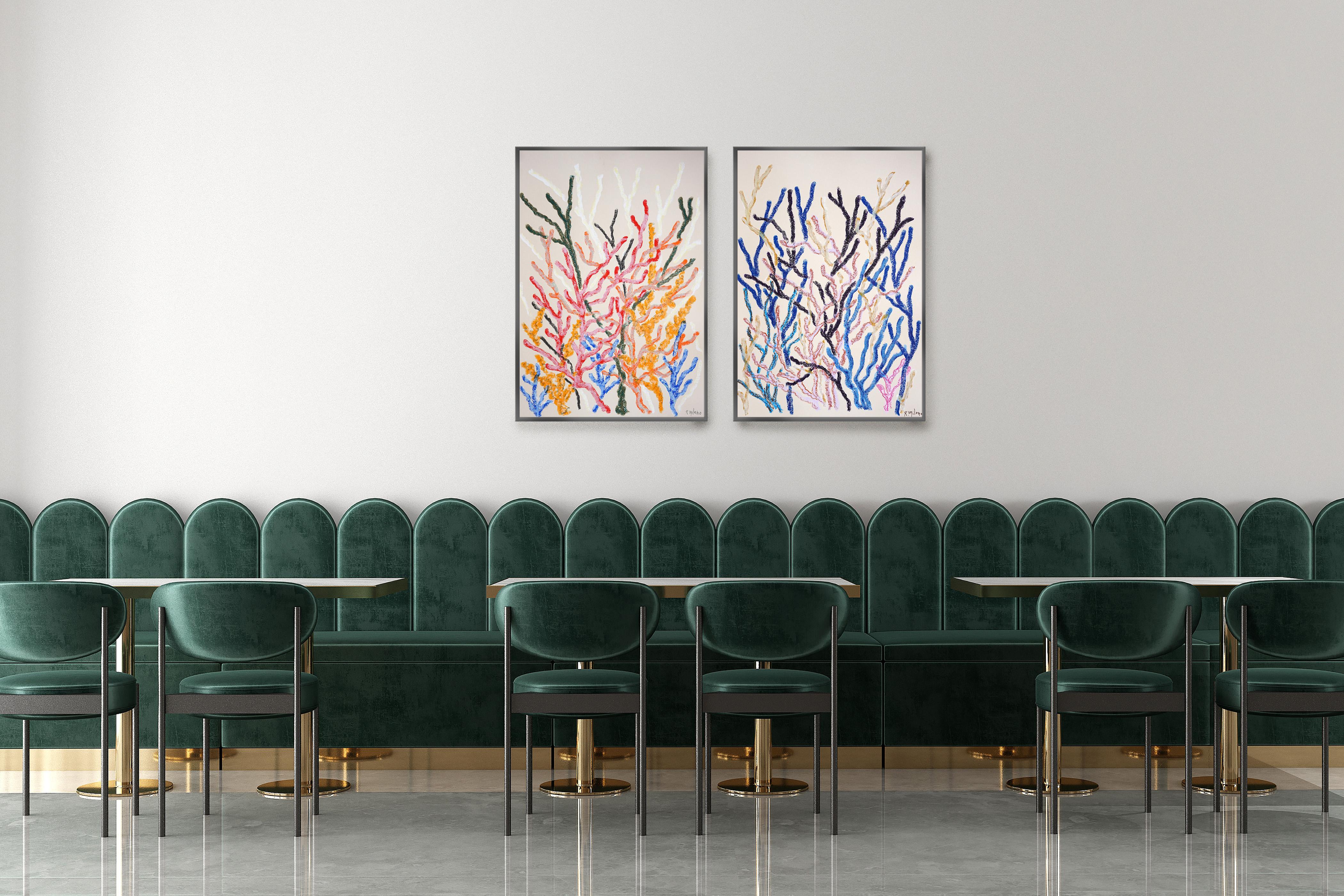 “Warm and Cool Corals” is a vibrant diptych that explores the rich contrast and harmony between warm and cool color palettes, evoking the natural rhythm and beauty of coral reefs. On the left, fiery reds, oranges, and golds pulse with energy and