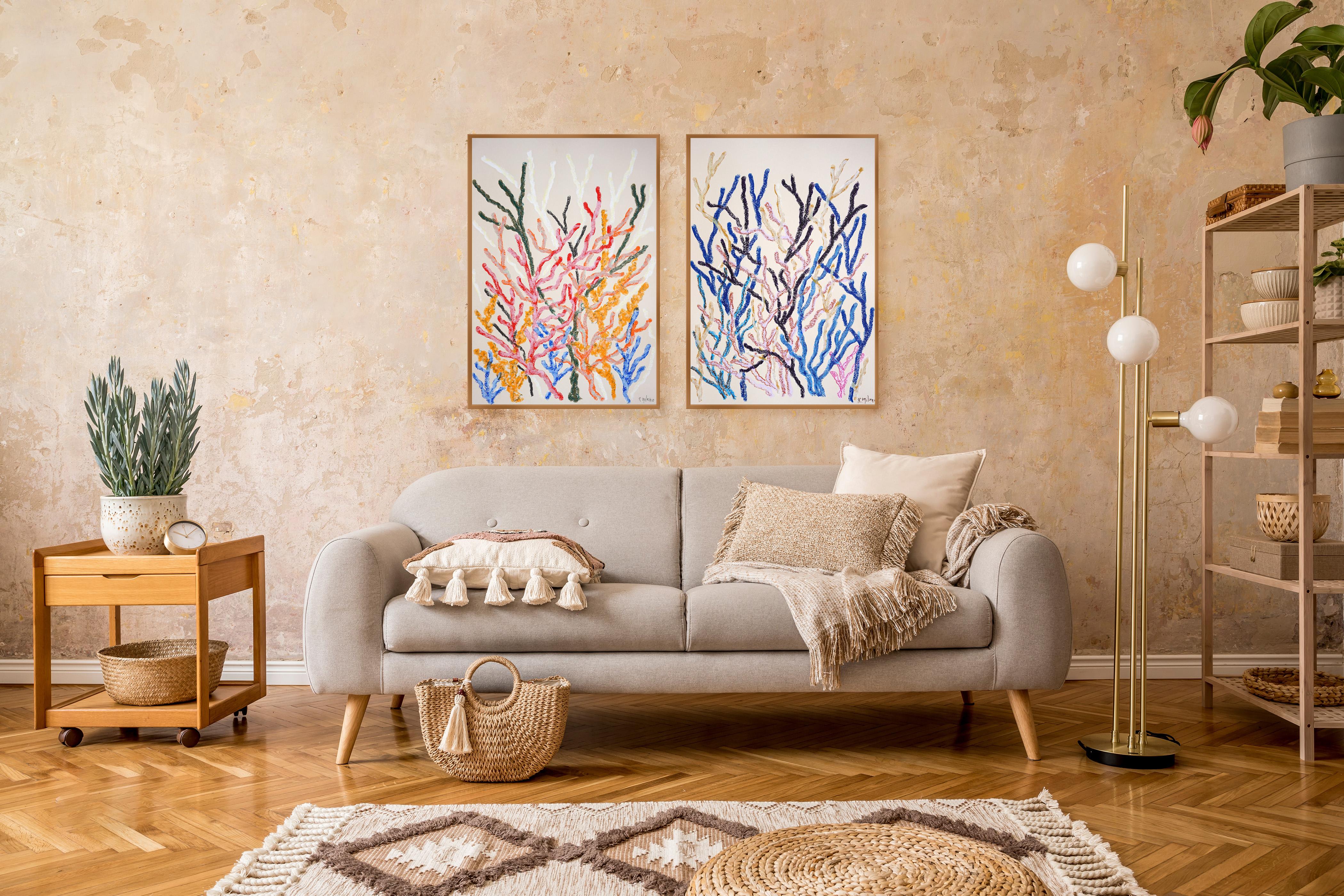 Warm and Cool Corals Diptych, Earthy Abstract Coral Reef, Pastel Strokes, Paper For Sale 2