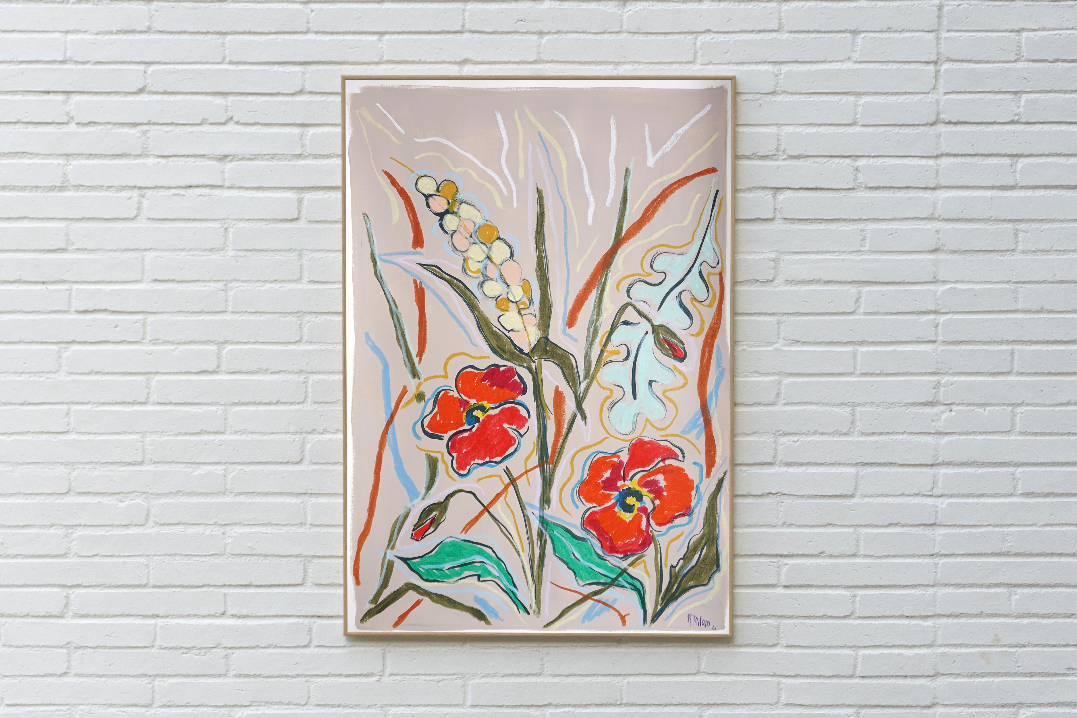 Wheat and Poppies, Botanic Drawing, Expressionist Gestures, Watercolor Paper - Painting by Romina Milano